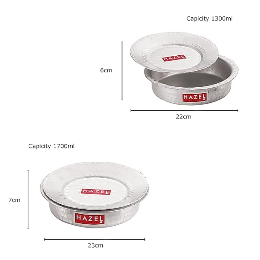 HAZEL Aluminium Langdi Patila Pot With Lid Hammered Finish Round Bottom Boiling Tope Vessels Bhagona Dekchi, Set of 2, 1300 ML, 1700 ML