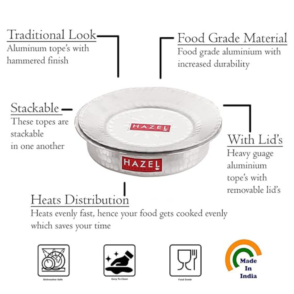 HAZEL Aluminium Langdi Patila Pot With Lid Hammered Finish Round Bottom Boiling Tope Vessels Bhagona Dekchi, Set of 2, 1300 ML, 1700 ML