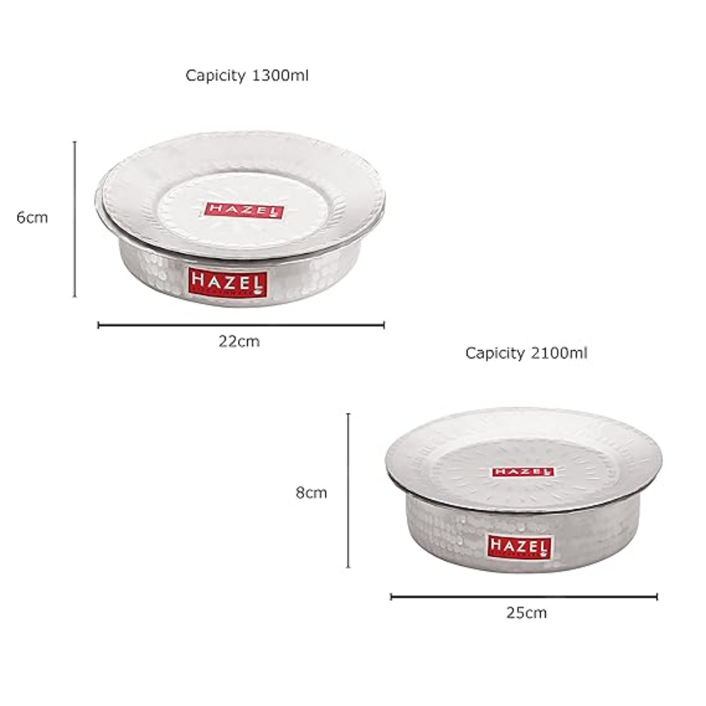HAZEL Aluminium Langdi Patila Pot With Lid Hammered Finish Round Bottom Boiling Tope Vessels Bhagona Dekchi, Set of 2, 1300 ML, 2100 ML