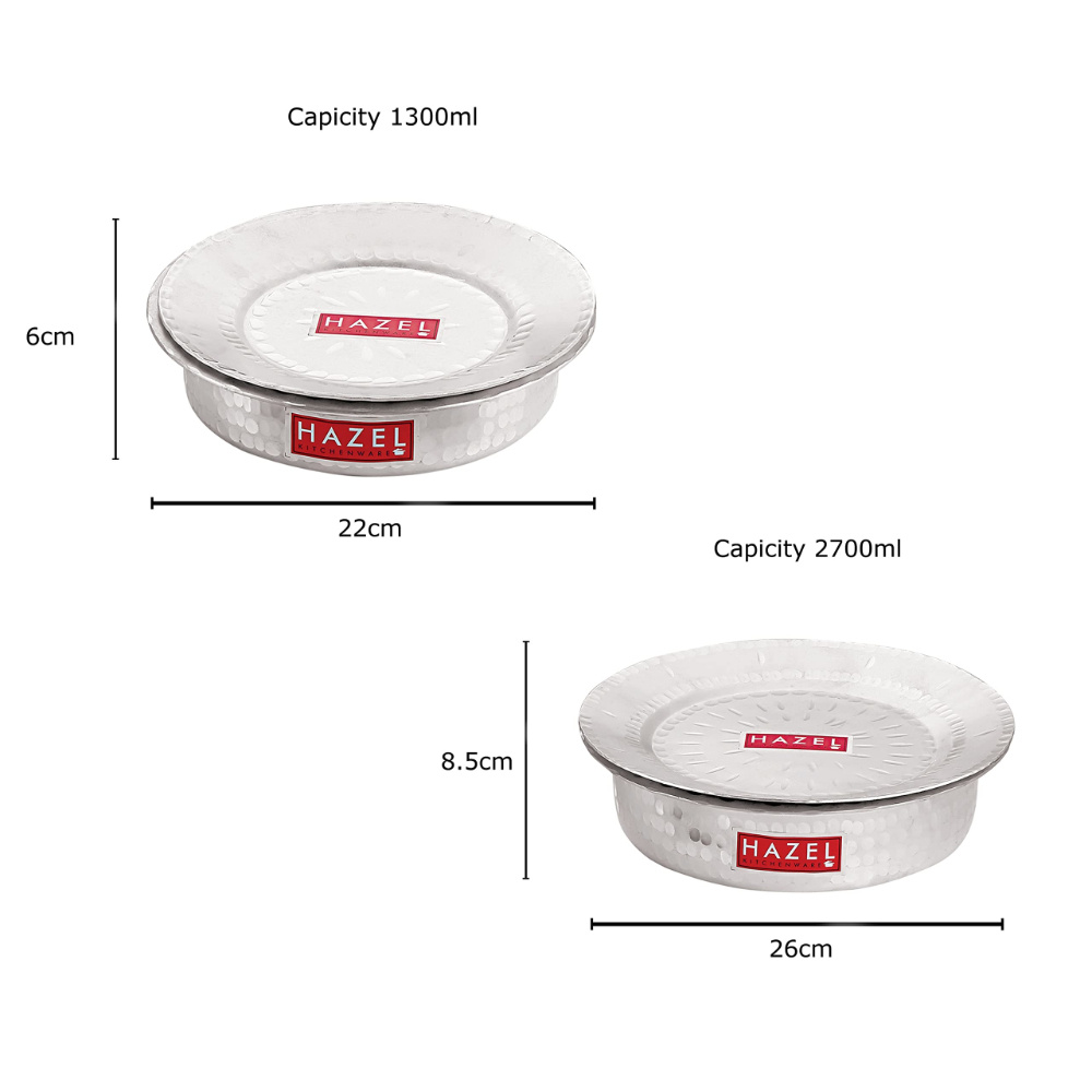 HAZEL Aluminium Langdi Patila Pot With Lid Hammered Finish Round Bottom Boiling Tope Vessels Bhagona Dekchi, Set of 2, 1300 ML, 2700 ML