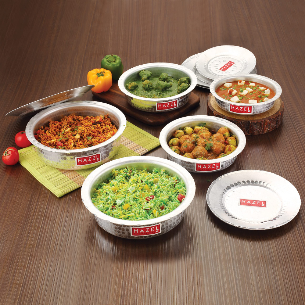 HAZEL Aluminium Langdi Patila Pot With Lid Hammered Finish Round Bottom Boiling Tope Vessels Bhagona Dekchi, Set of 5, 900 ML to 2700 ML