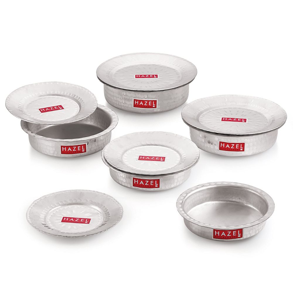 HAZEL Aluminium Langdi Patila Pot With Lid Hammered Finish Round Bottom Boiling Tope Vessels Bhagona Dekchi, Set of 5, 900 ML to 2700 ML