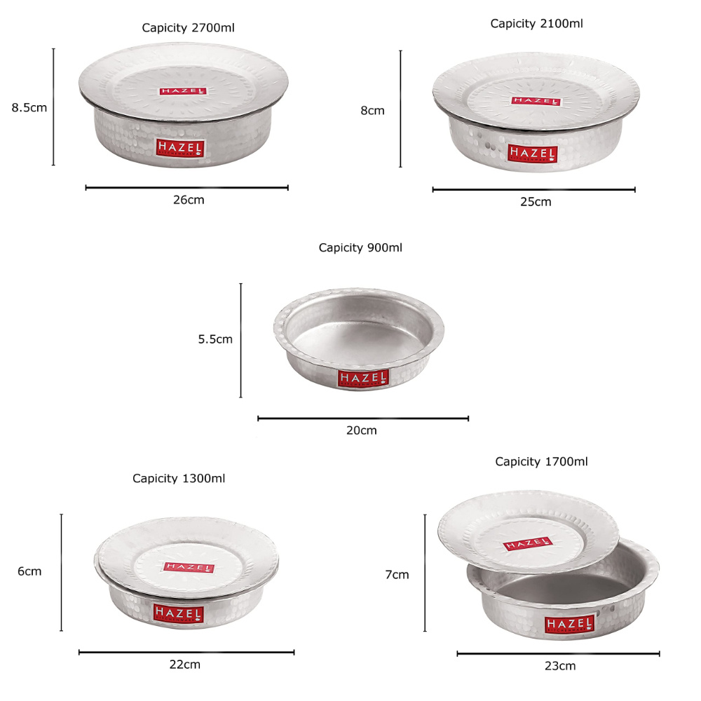 HAZEL Aluminium Langdi Patila Pot With Lid Hammered Finish Round Bottom Boiling Tope Vessels Bhagona Dekchi, Set of 5, 900 ML to 2700 ML