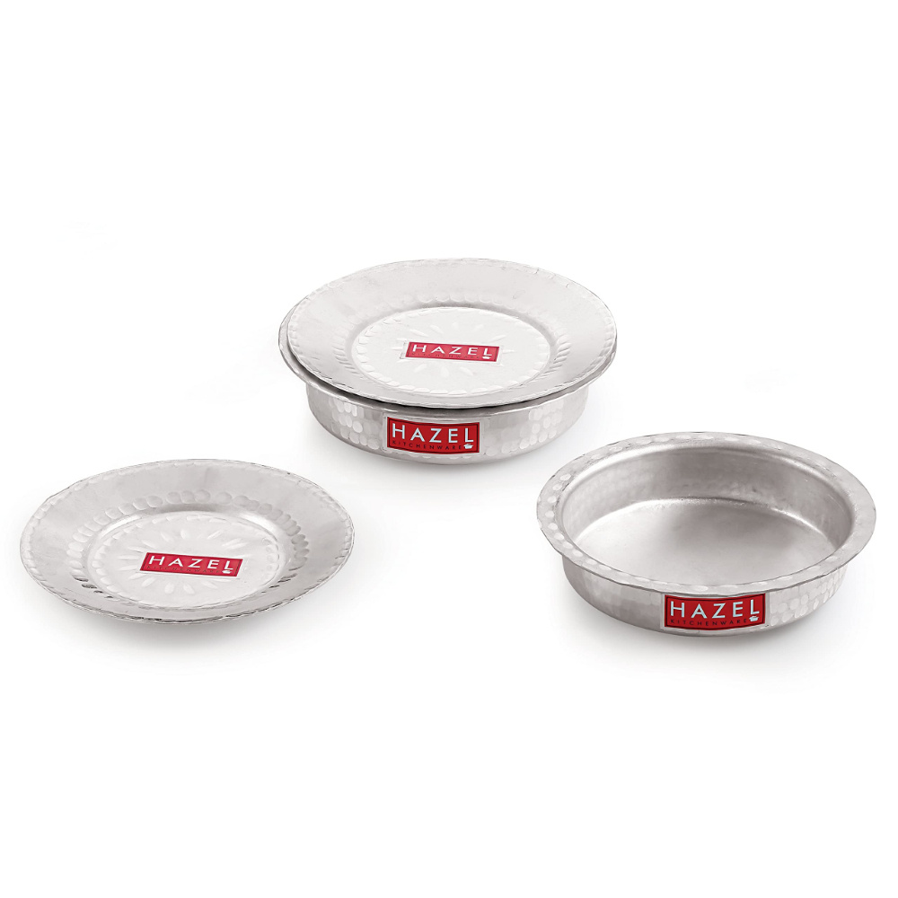 HAZEL Aluminium Langdi Patila Pot With Lid Hammered Finish Round Bottom Boiling Tope Vessels Bhagona Dekchi, Set of 5, 900 ML to 2700 ML