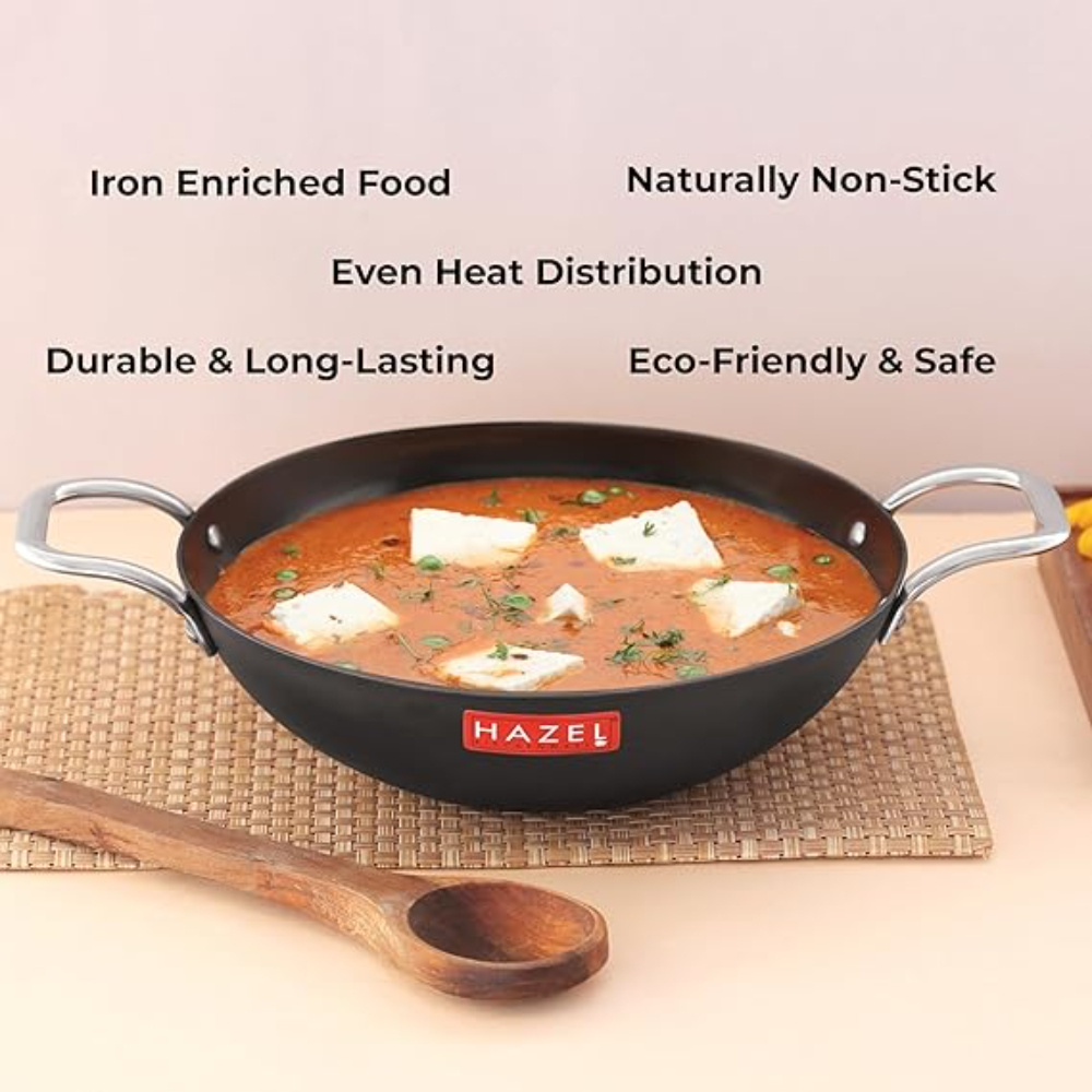 HAZEL Traditional Iron Kadhai Deep Bottom Kadai Frying Kadhai Handmade Loha Lokhand with Golden Handle, 22 cm, 1750 ML