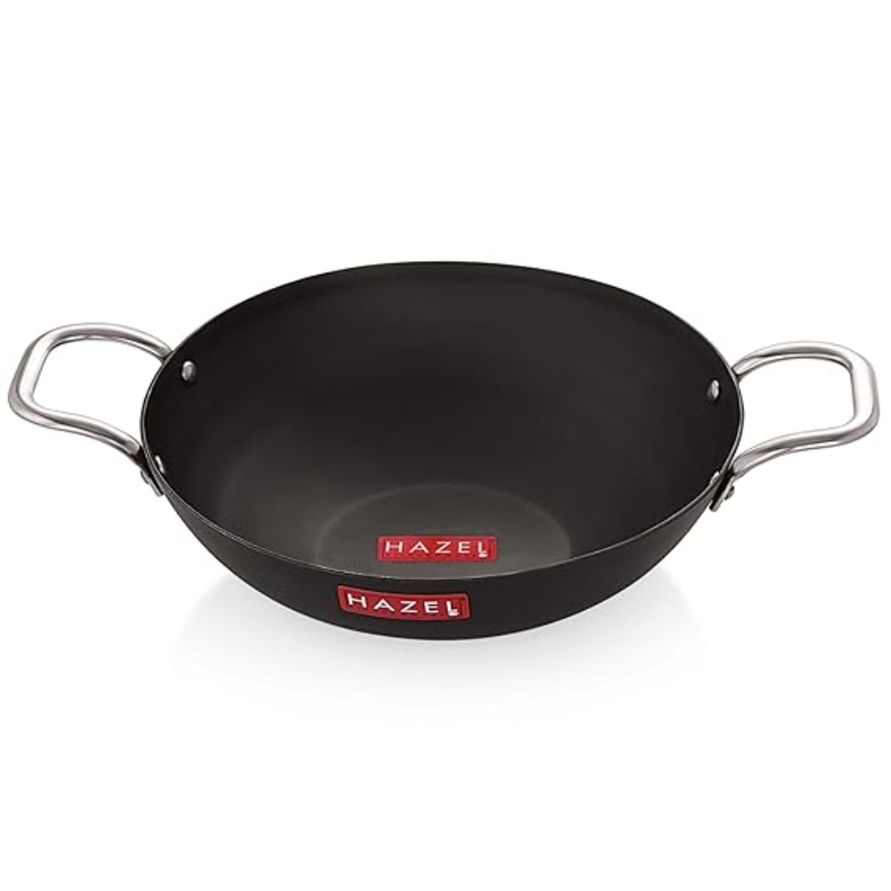 HAZEL Traditional Iron Kadhai Deep Bottom Kadai Frying Kadhai Handmade Loha Lokhand with Golden Handle, 25 cm, 2450 ML