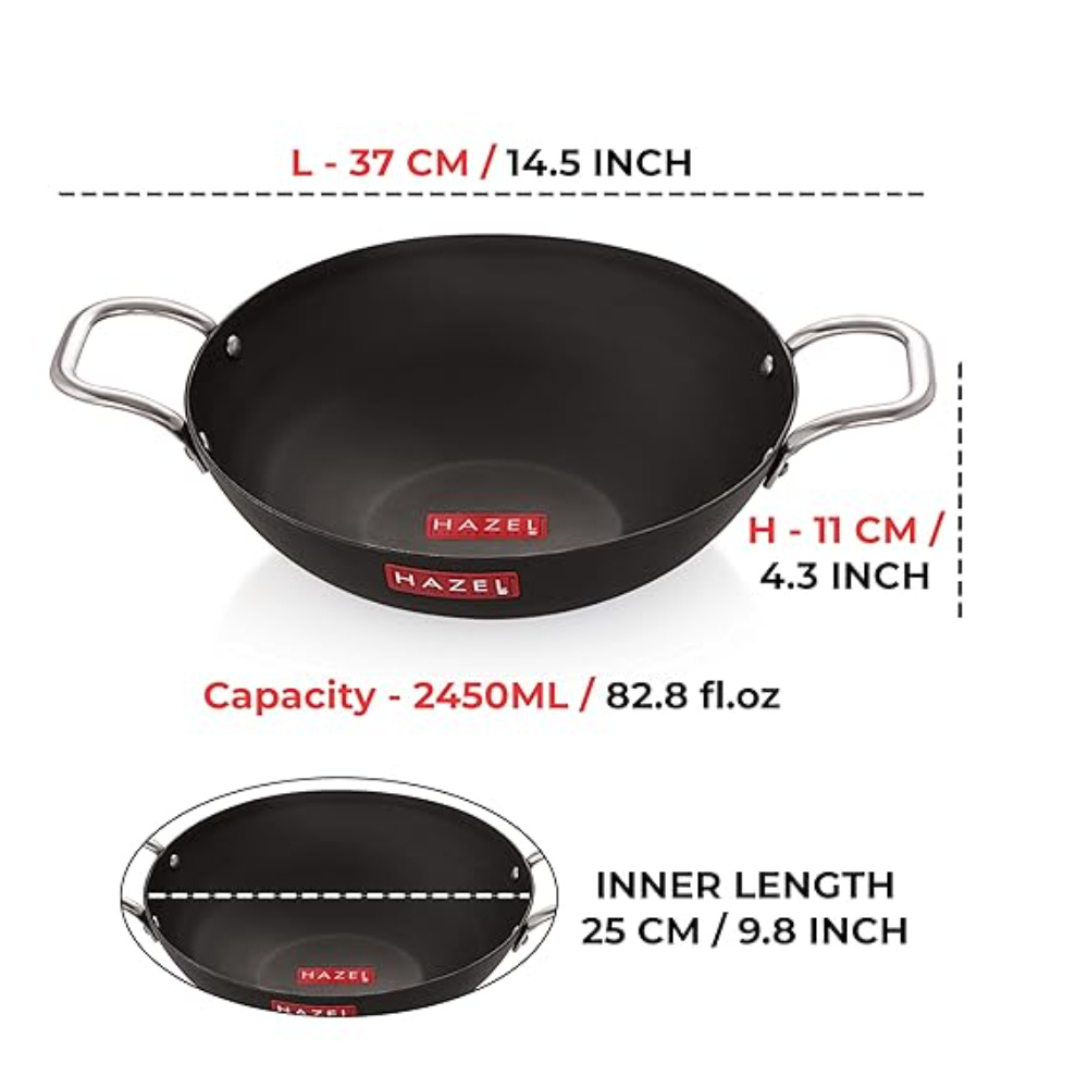 HAZEL Traditional Iron Kadhai Deep Bottom Kadai Frying Kadhai Handmade Loha Lokhand with Golden Handle, 25 cm, 2450 ML
