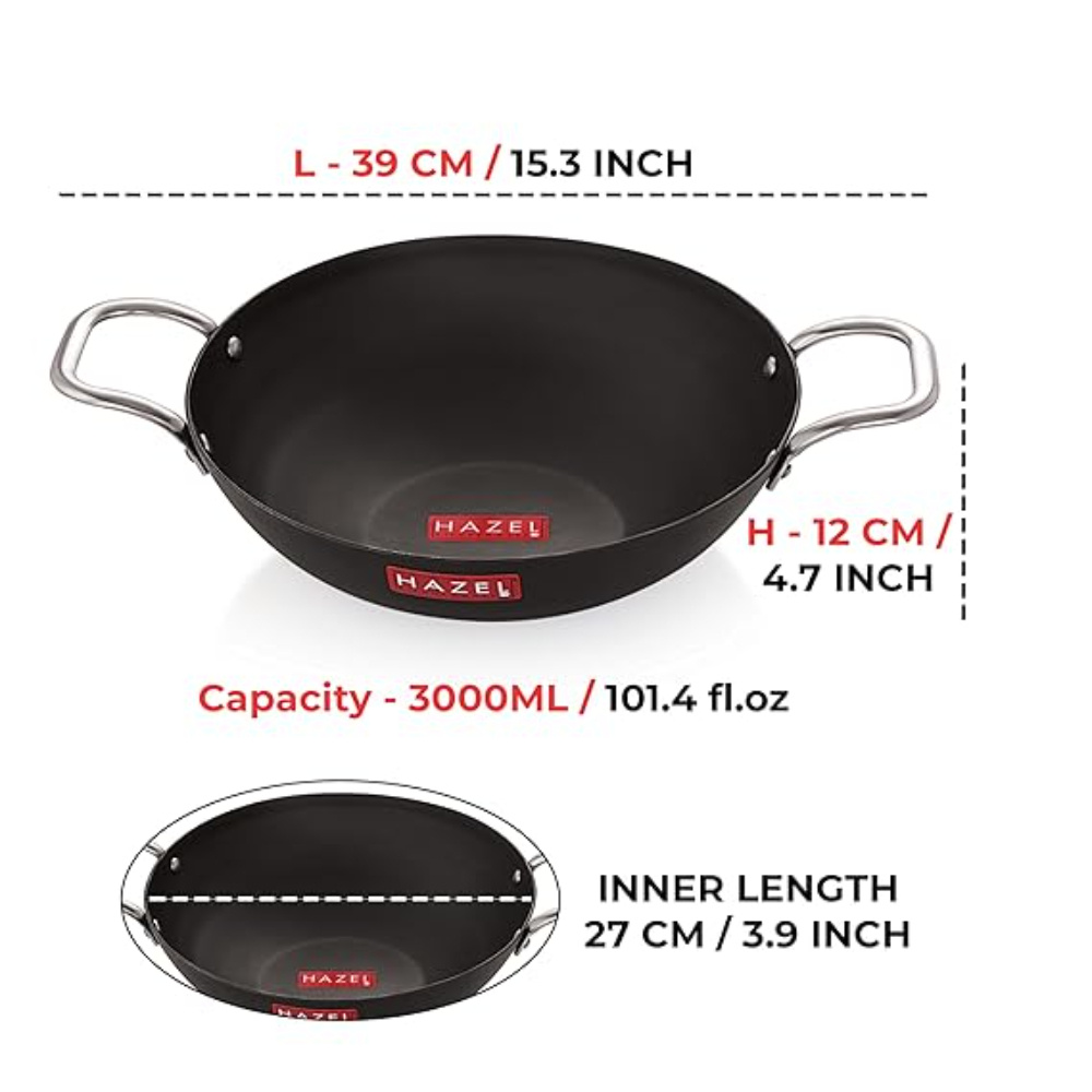 HAZEL Traditional Iron Kadhai Deep Bottom Kadai Frying Kadhai Handmade Loha Lokhand with Golden Handle, 27 cm, 3000 ML