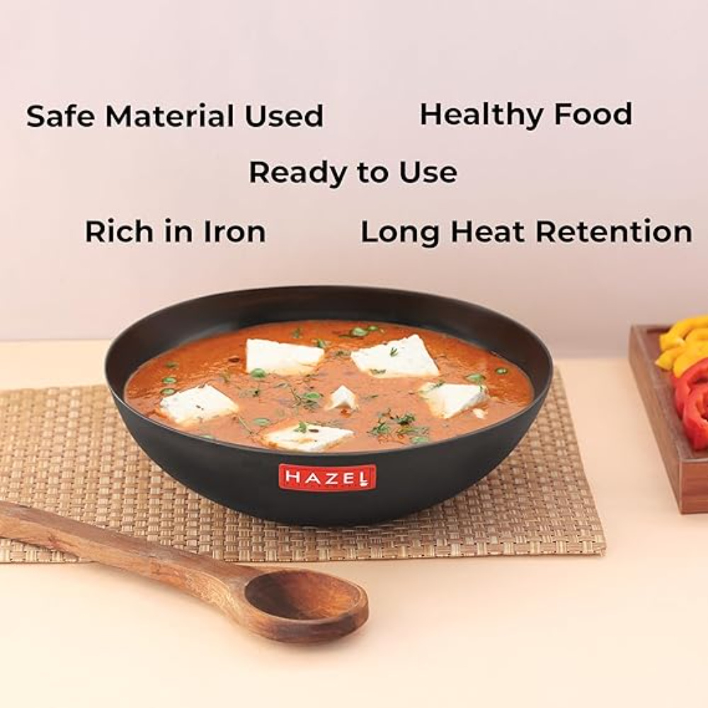 HAZEL Traditional Iron Tasra Deep Bottom Handmade Loha Lokhand Tasla, 22 cm, 1700 ML