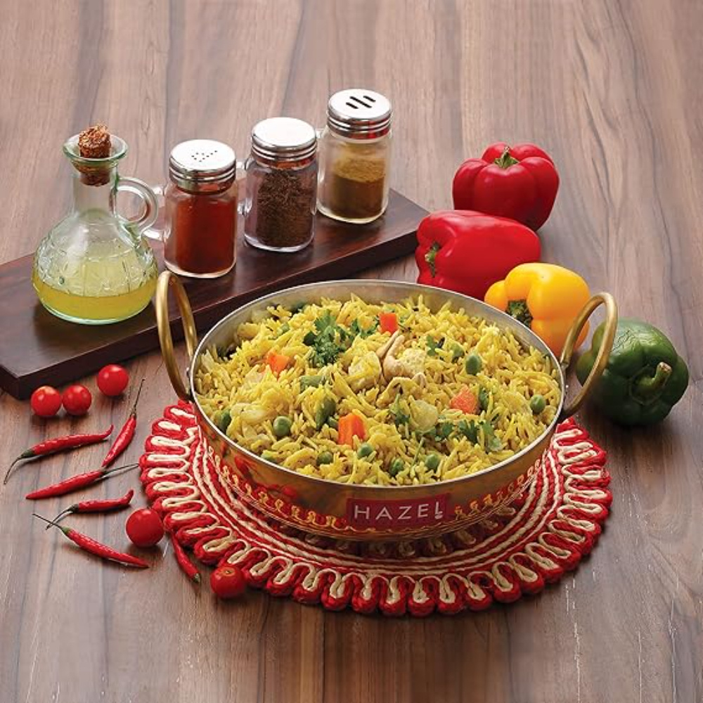 HAZEL Brass Kadai with Kalai | 100% Pure Brass Kadhai with Tin Coating | Hammered Pital Kadai for Cooking and Serving | Brass Utensils For Kitchen, 2100 ML, 23.5 cm