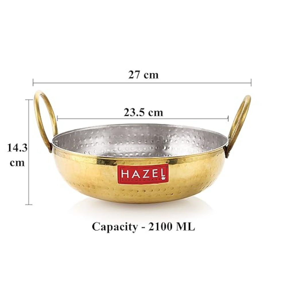 HAZEL Brass Kadai with Kalai | 100% Pure Brass Kadhai with Tin Coating | Hammered Pital Kadai for Cooking and Serving | Brass Utensils For Kitchen, 2100 ML, 23.5 cm