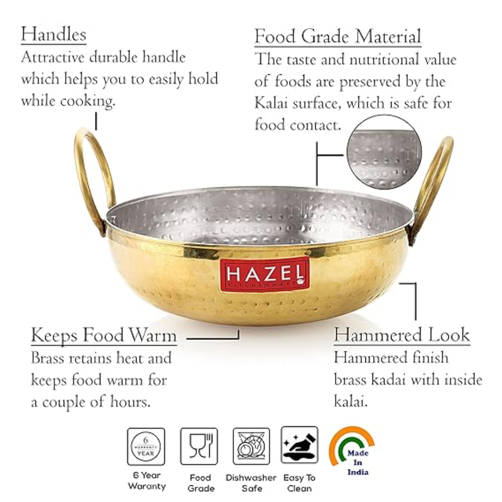 HAZEL Brass Kadai with Kalai | 100% Pure Brass Kadhai with Tin Coating | Hammered Pital Kadai for Cooking and Serving | Brass Utensils For Kitchen, 2100 ML, 23.5 cm