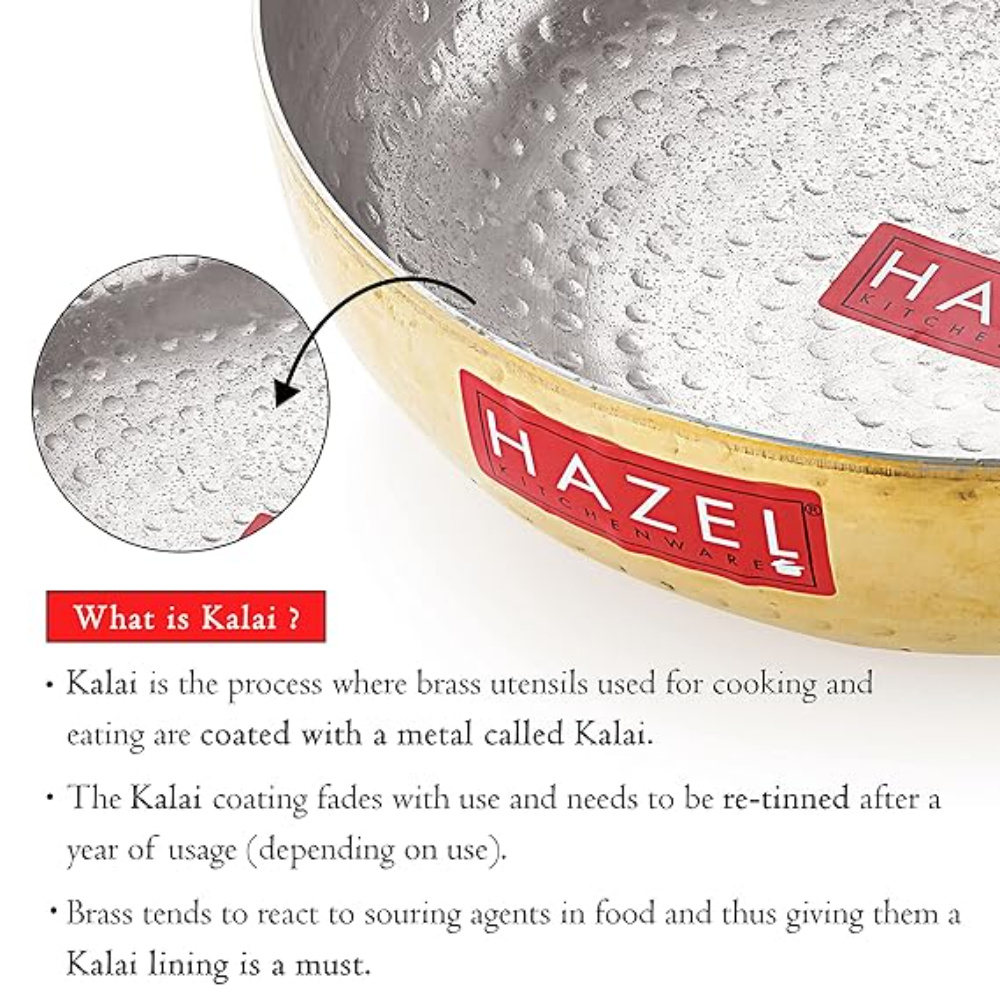 HAZEL Brass Kadai with Kalai | 100% Pure Brass Kadhai with Tin Coating | Hammered Pital Kadai for Cooking and Serving | Brass Utensils For Kitchen, 2100 ML, 23.5 cm