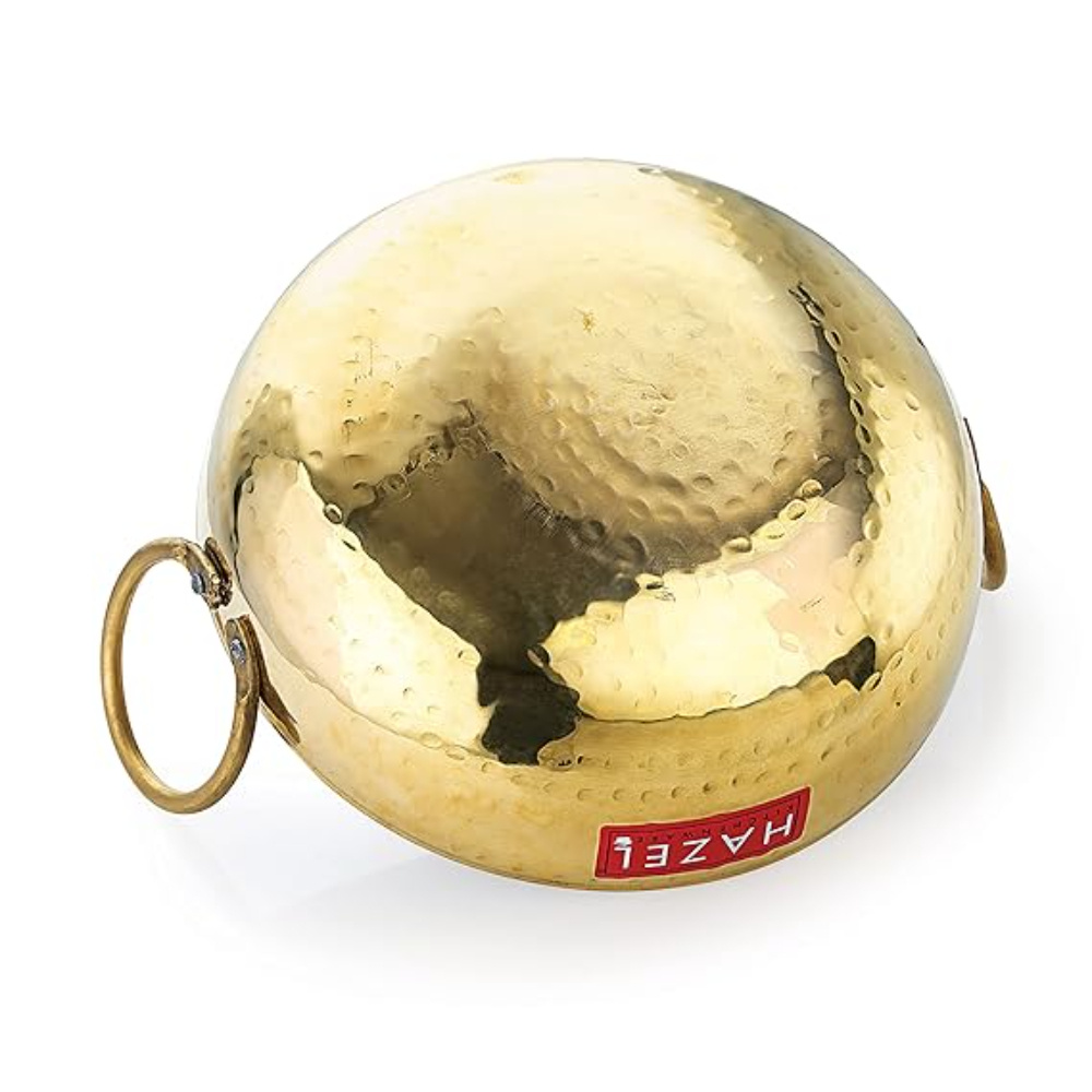 HAZEL Brass Kadai with Kalai | 100% Pure Brass Kadhai with Tin Coating | Hammered Pital Kadai for Cooking and Serving | Brass Utensils For Kitchen, 2100 ML, 23.5 cm