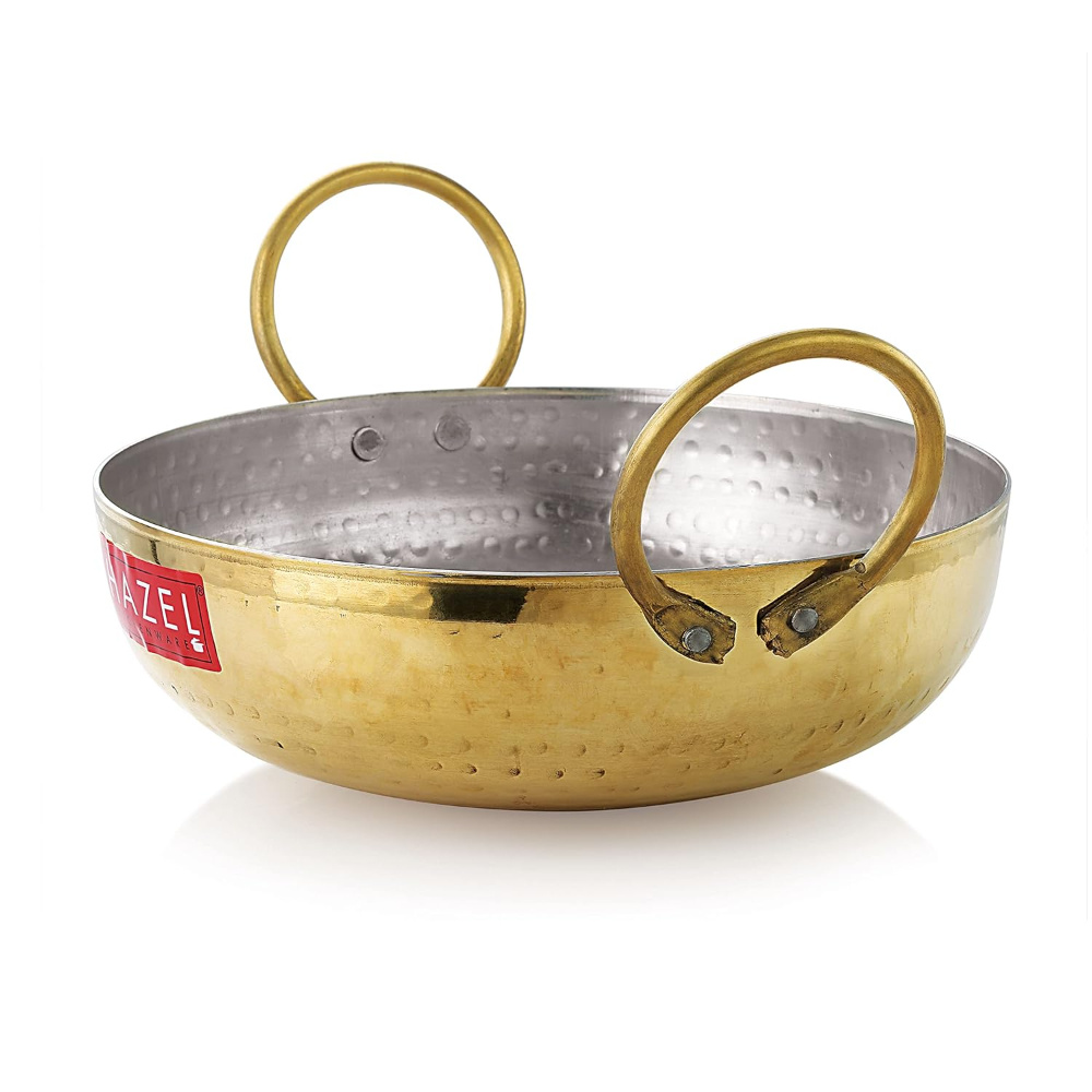 HAZEL Brass Kadai with Kalai | 100% Pure Brass Kadhai with Tin Coating | Hammered Pital Kadai for Cooking and Serving | Brass Utensils For Kitchen, 2100 ML, 23.5 cm