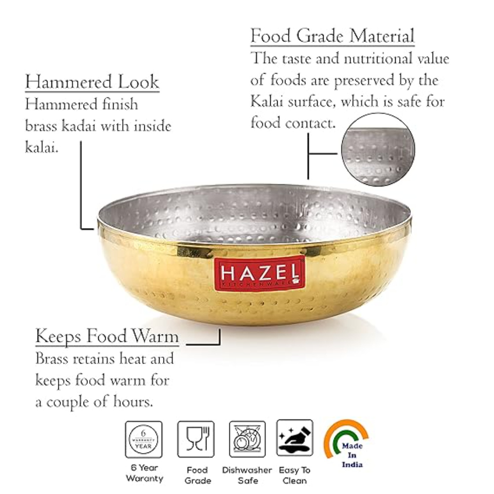 HAZEL Brass Kadai Tasra with Kalai | 100% Pure Brass Kadhai with Tin Coating | Hammered Pital Kadai without Handle for Cooking and Serving | Brass Utensils For Kitchen, 2100 ML, 23.5 cm