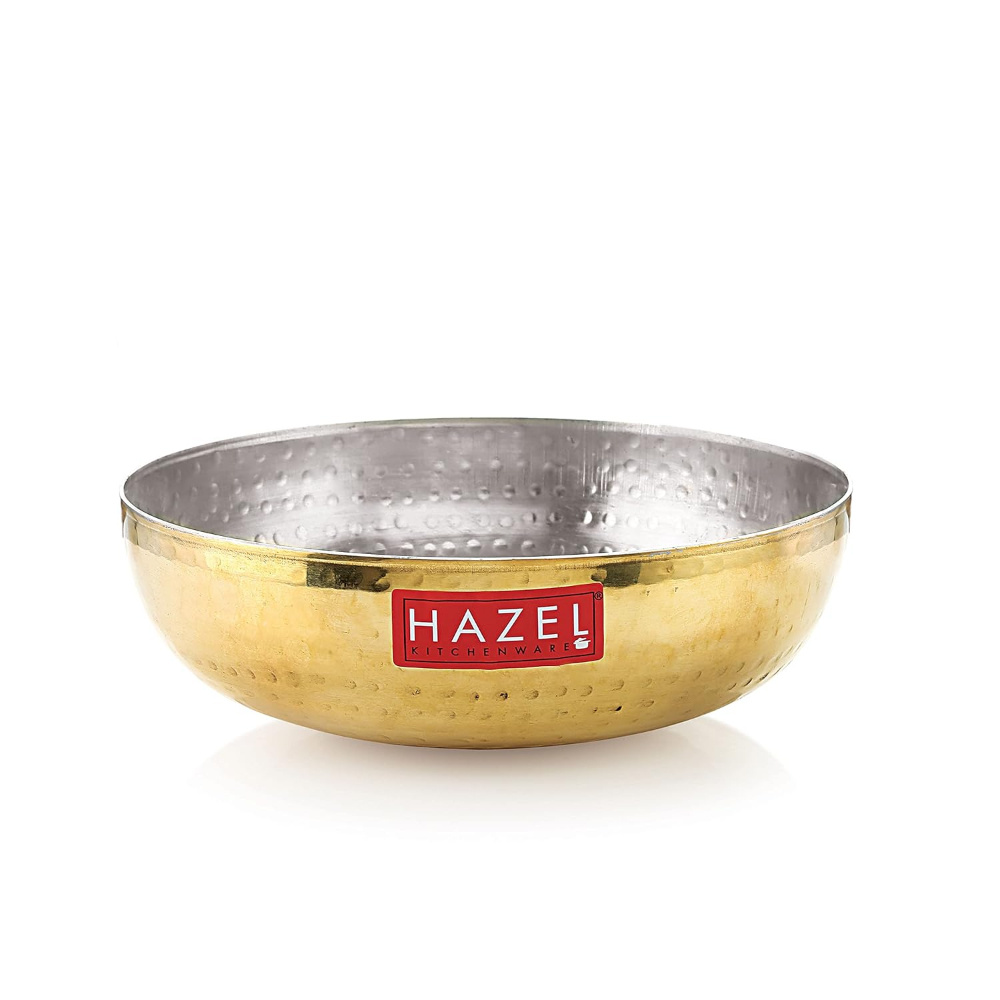 HAZEL Brass Kadai Tasra with Kalai | 100% Pure Brass Kadhai with Tin Coating | Hammered Pital Kadai without Handle for Cooking and Serving | Brass Utensils For Kitchen, 2100 ML, 23.5 cm