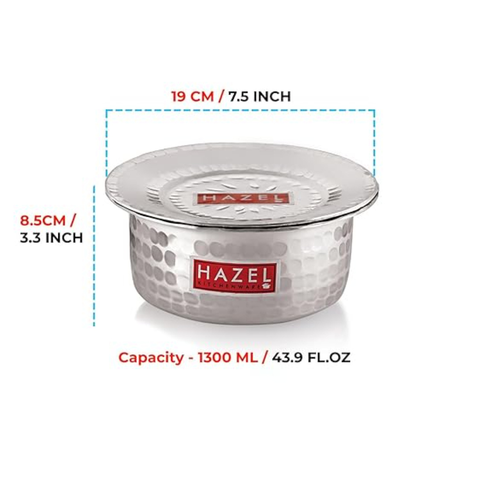 HAZEL Aluminium Hammered Milk Pot with Lid | Stock Pot with Lid | Boiling Bhagona Tope Set with Lid for Kitchen, 19 cm, 1300 ML, Silver