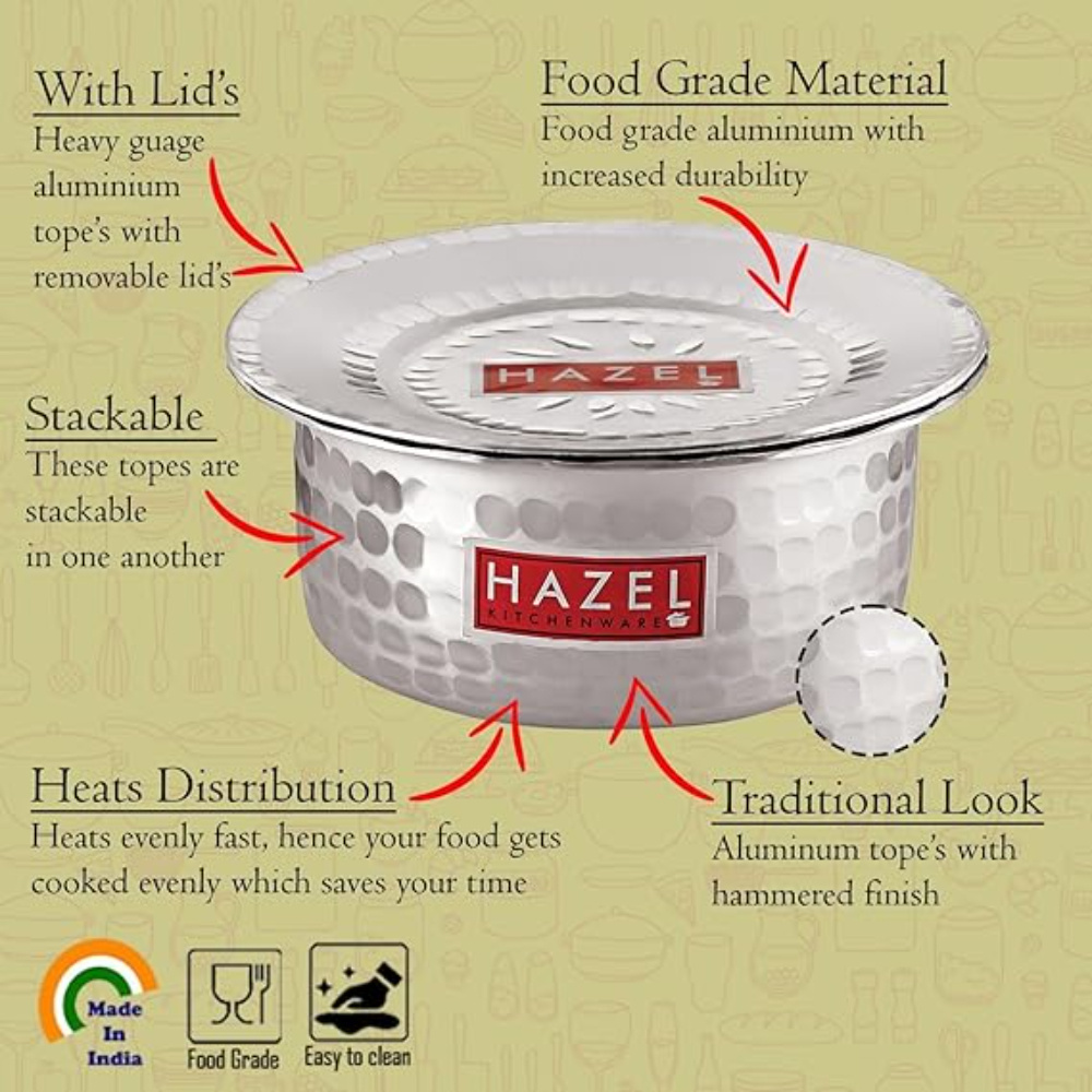 HAZEL Aluminium Hammered Milk Pot with Lid | Stock Pot with Lid | Boiling Bhagona Tope Set with Lid for Kitchen, 19 cm, 1300 ML, Silver
