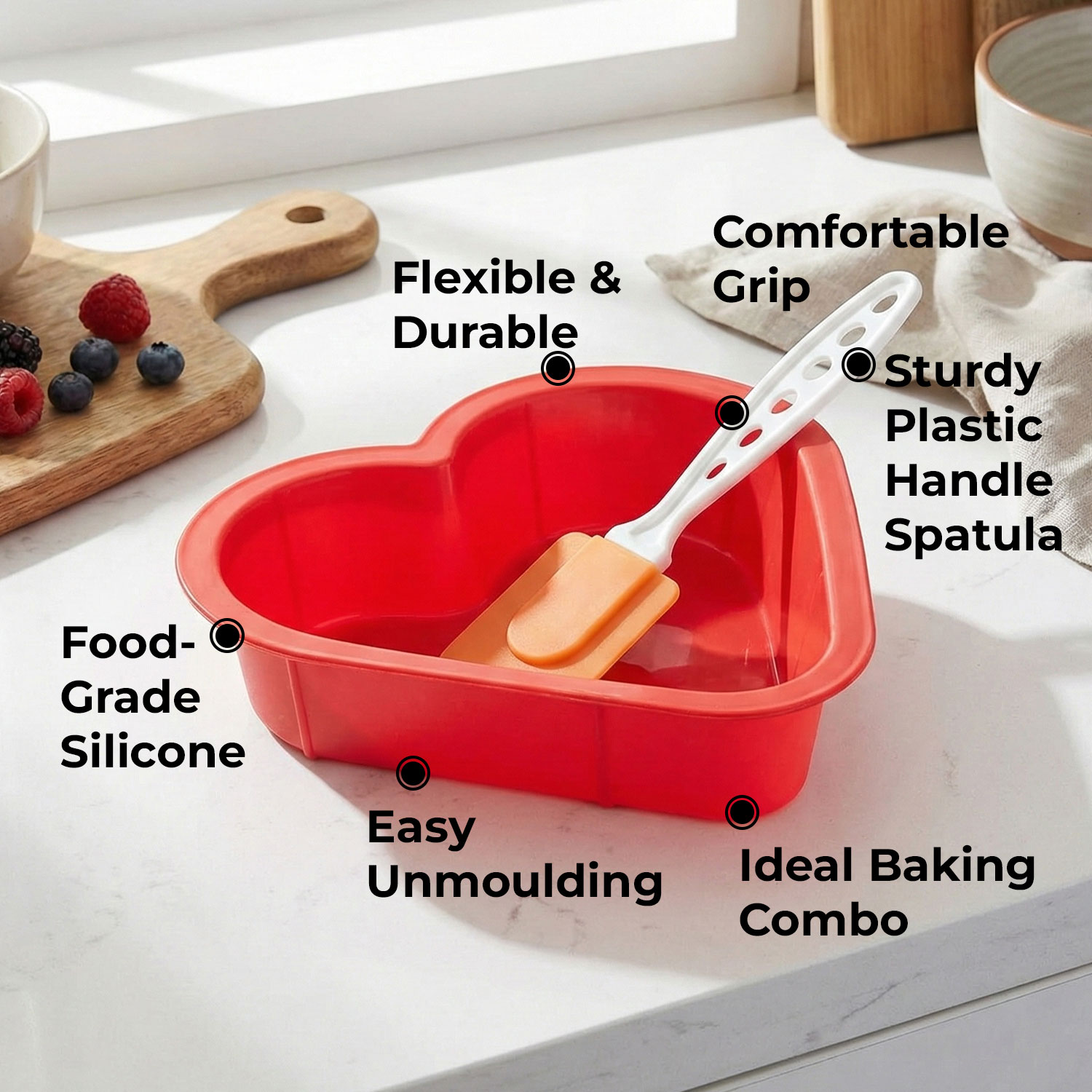 HAZEL Small Silicon Red Heart Shape Cake Mould for Half Kg with Orange Spatula