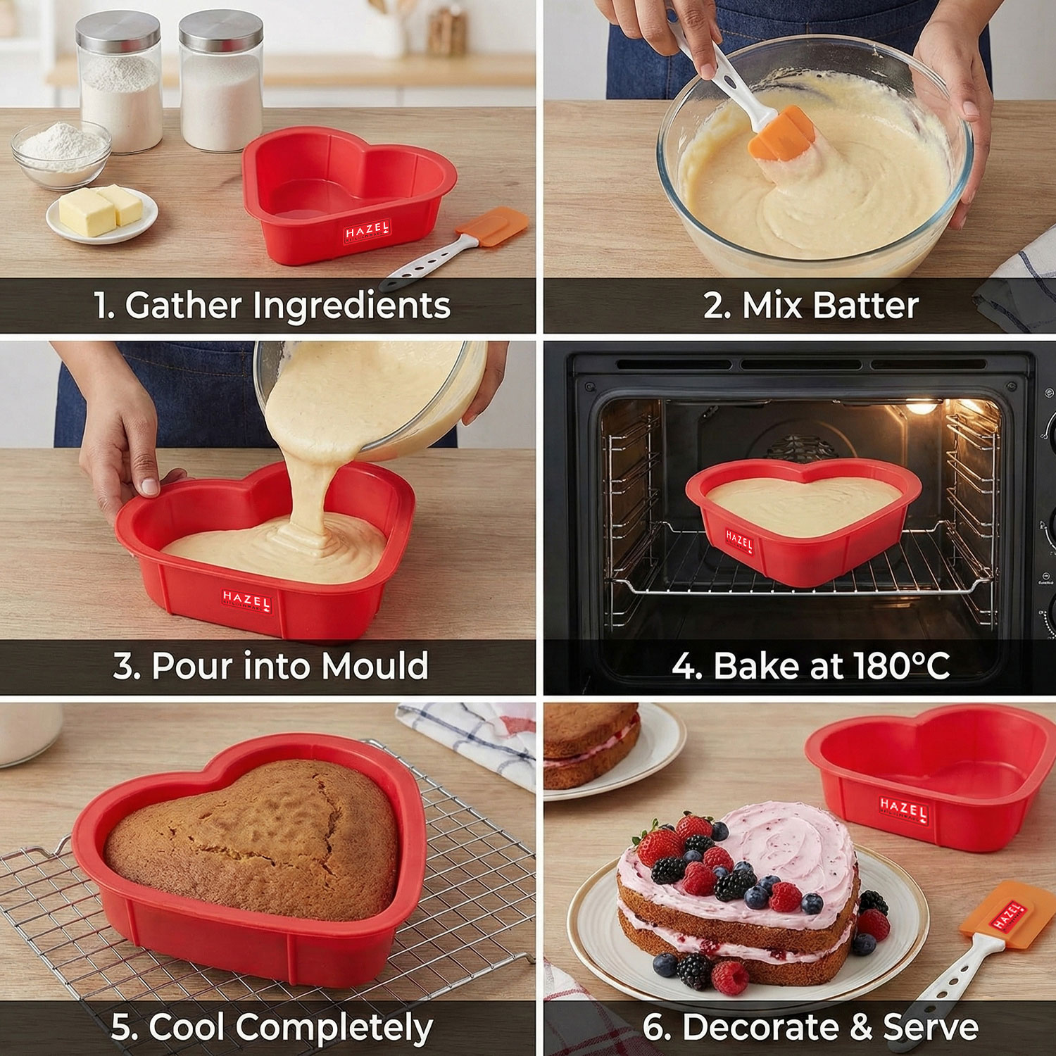 HAZEL Small Silicon Red Heart Shape Cake Mould for Half Kg with Orange Spatula