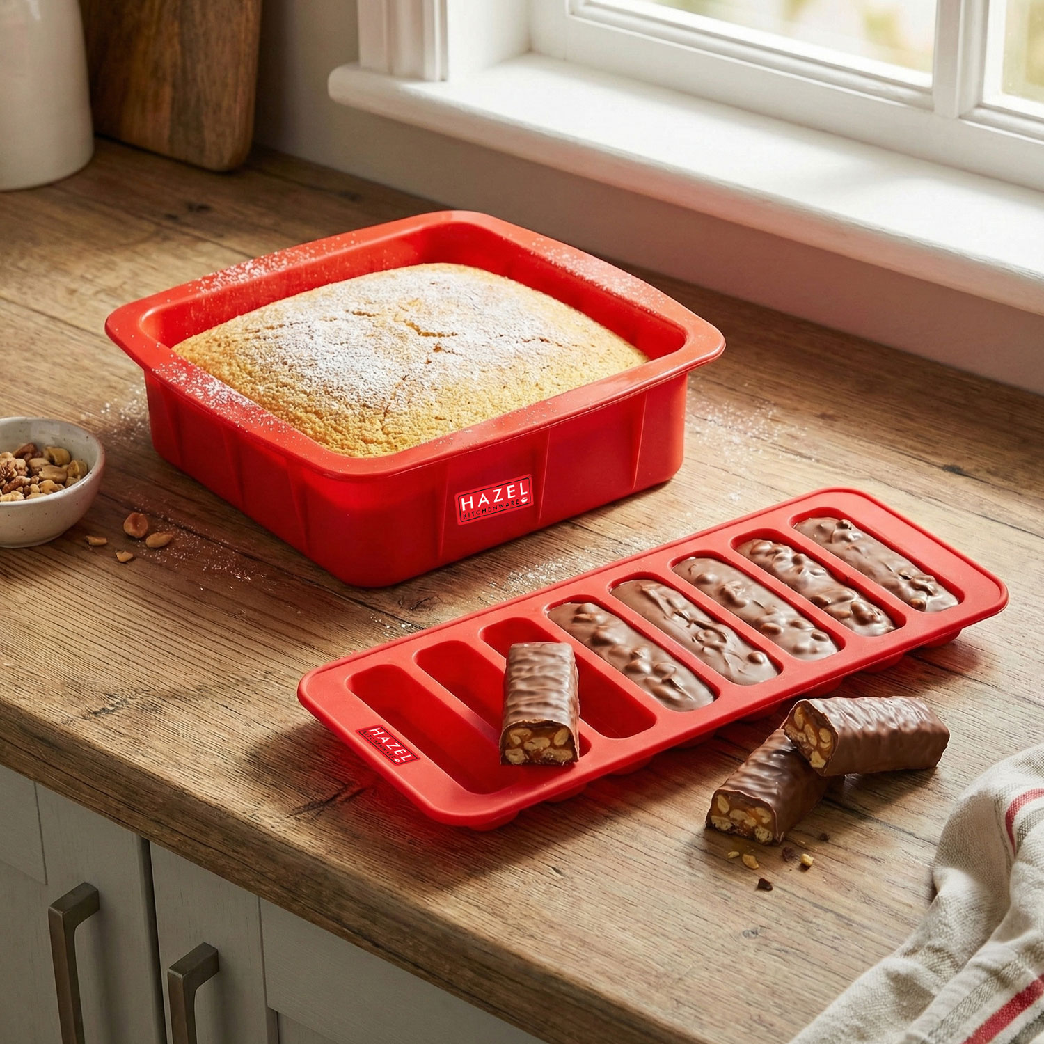 HAZEL Small Silicon Red Square Shape Cake Mould for Half kg with 10 Cavity Chocolate Bar Ice Cube