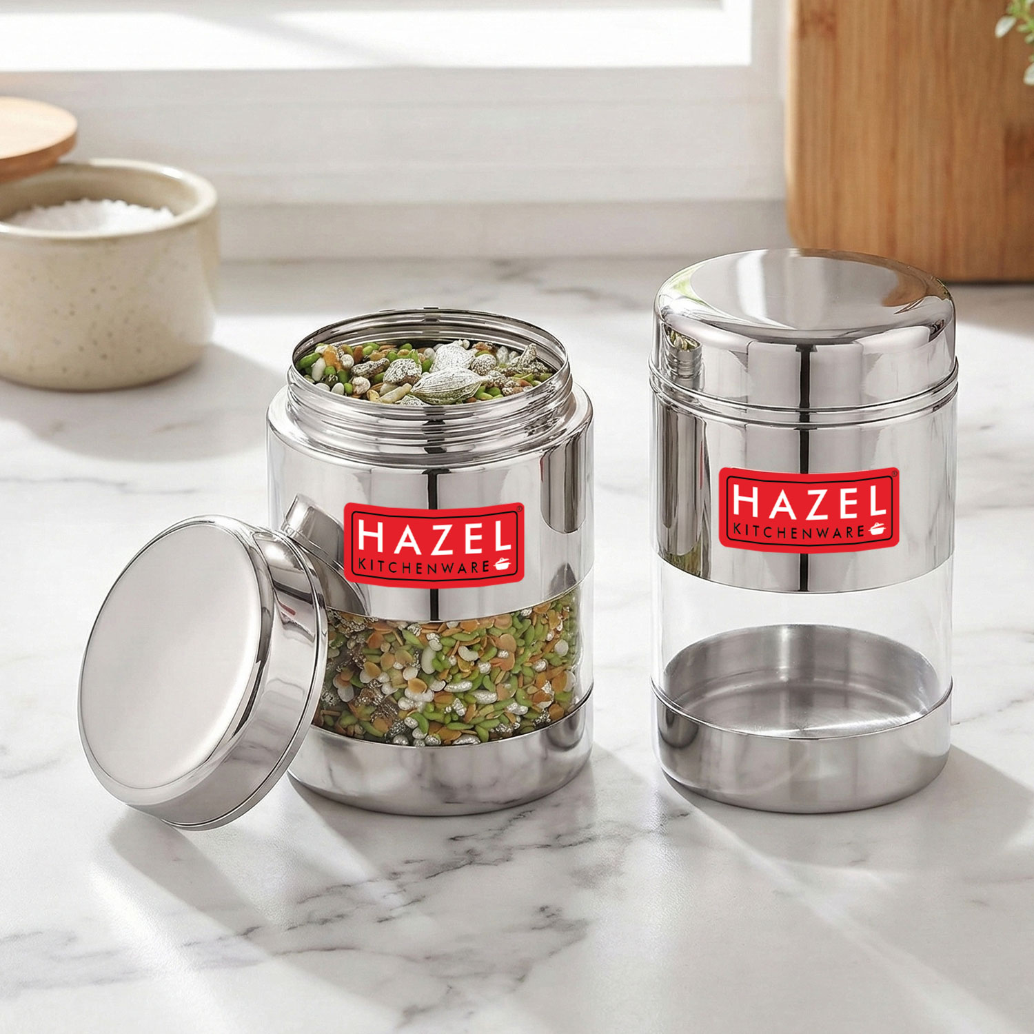 HAZEL Stainless Steel Mukhwas Container | See Through Small Containers for Kitchen Storage Set | Transparent Airtight Jars Set of 2 Pc, 170 ML