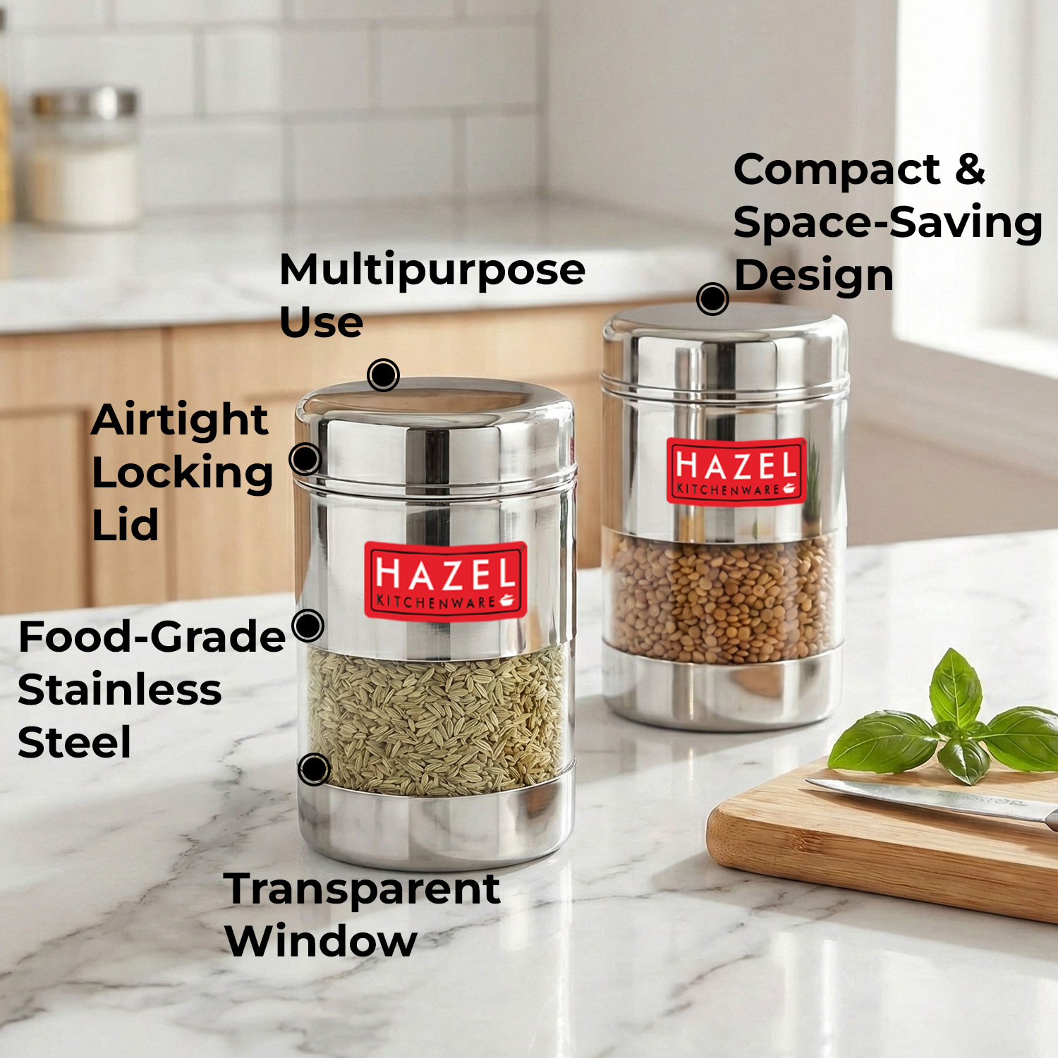 HAZEL Stainless Steel Mukhwas Container | See Through Small Containers for Kitchen Storage Set | Transparent Airtight Jars Set of 2 Pc, 170 ML