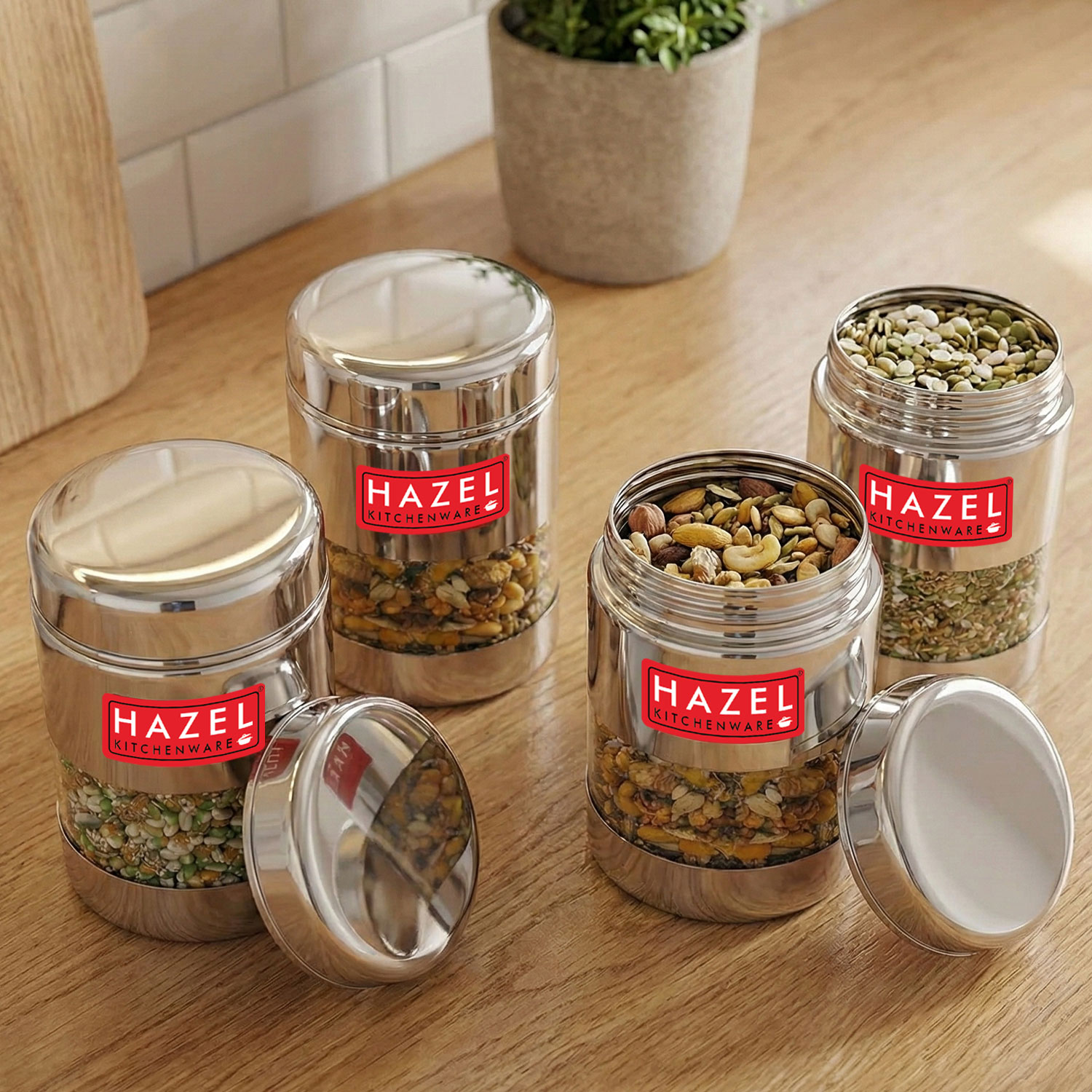 HAZEL Stainless Steel Mukhwas Container | See Through Small Containers for Kitchen Storage Set | Transparent Airtight Jars Set of 4 Pc, 170 ML