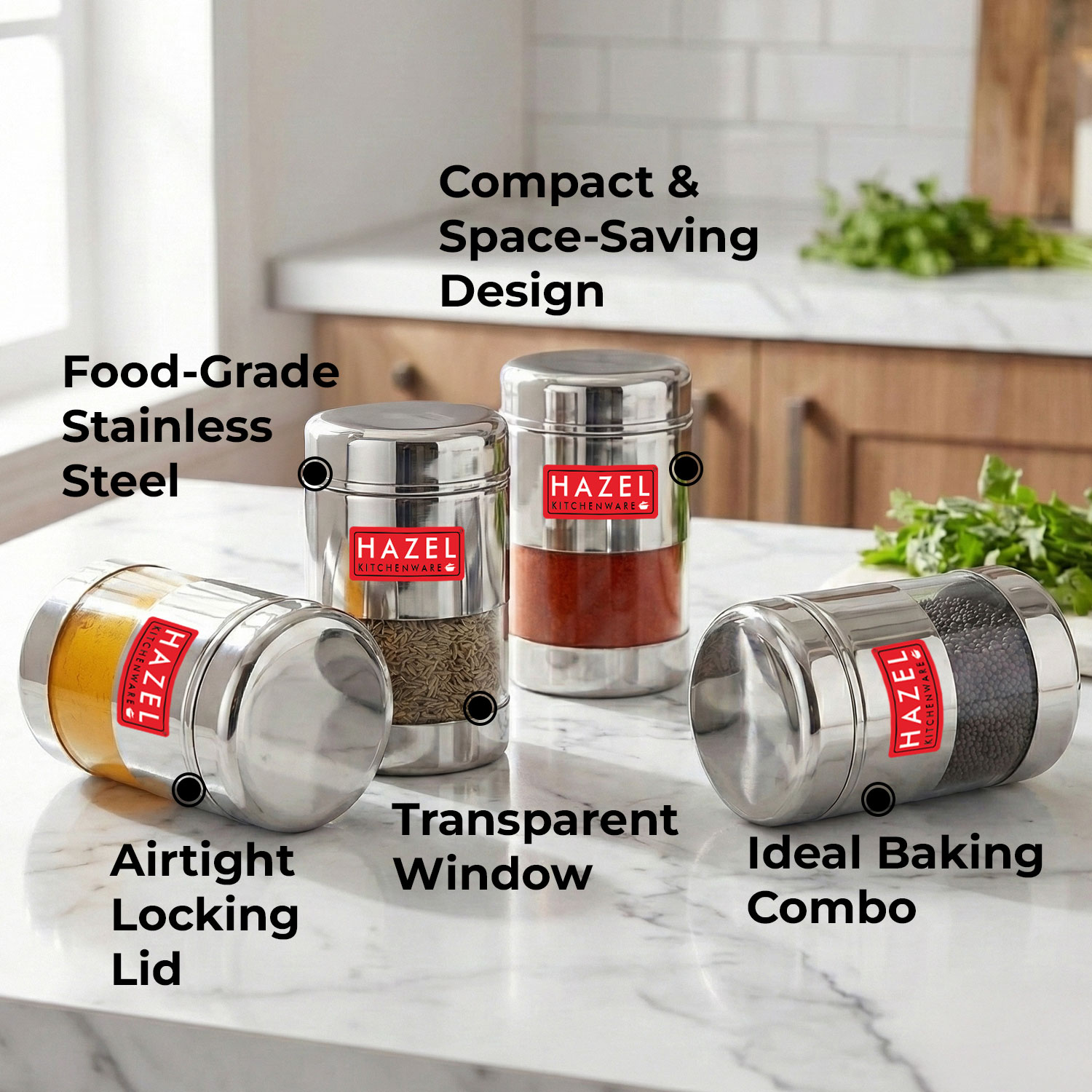 HAZEL Stainless Steel Mukhwas Container | See Through Small Containers for Kitchen Storage Set | Transparent Airtight Jars Set of 4 Pc, 170 ML