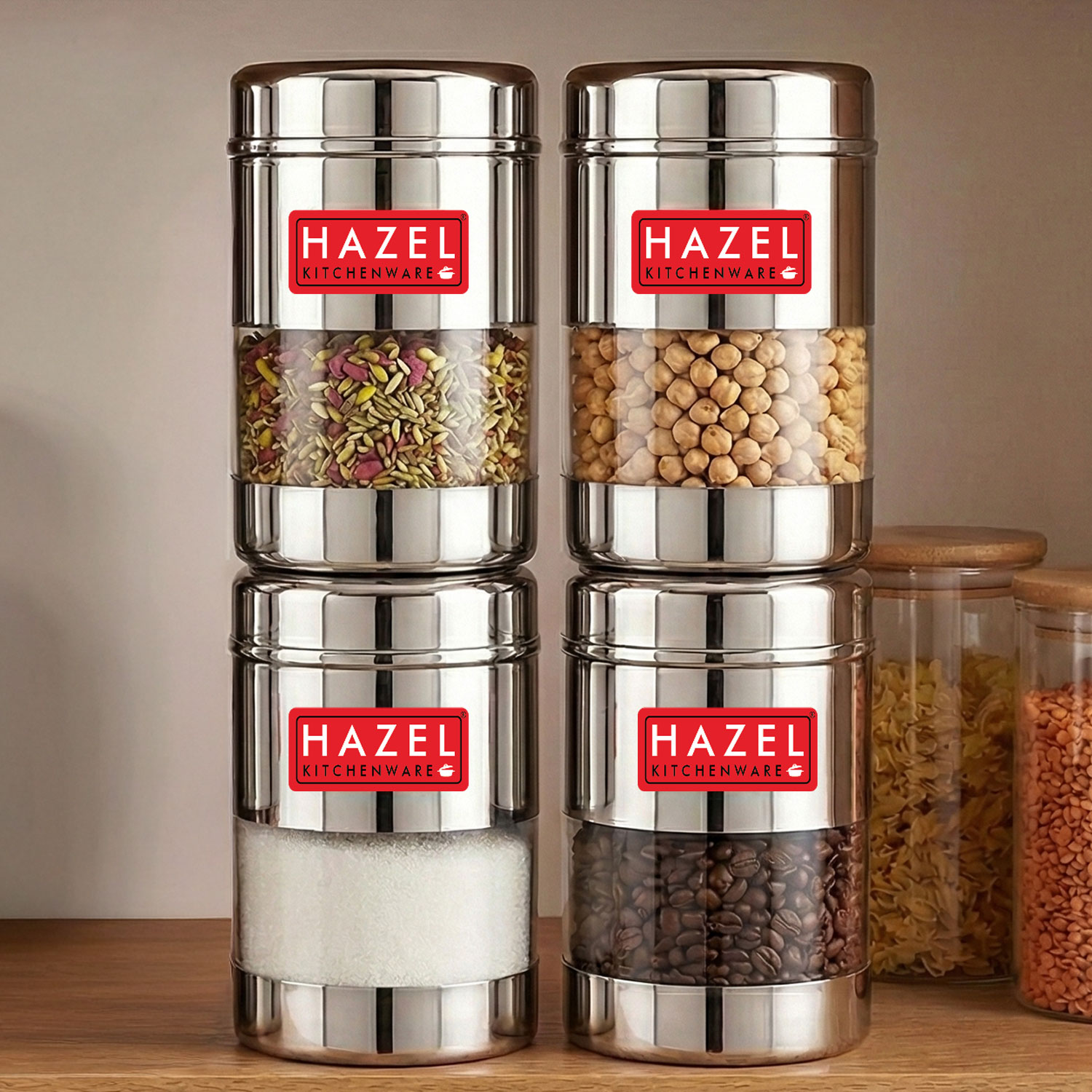 HAZEL Stainless Steel Mukhwas Container | See Through Small Containers for Kitchen Storage Set | Transparent Airtight Jars Set of 4 Pc, 170 ML
