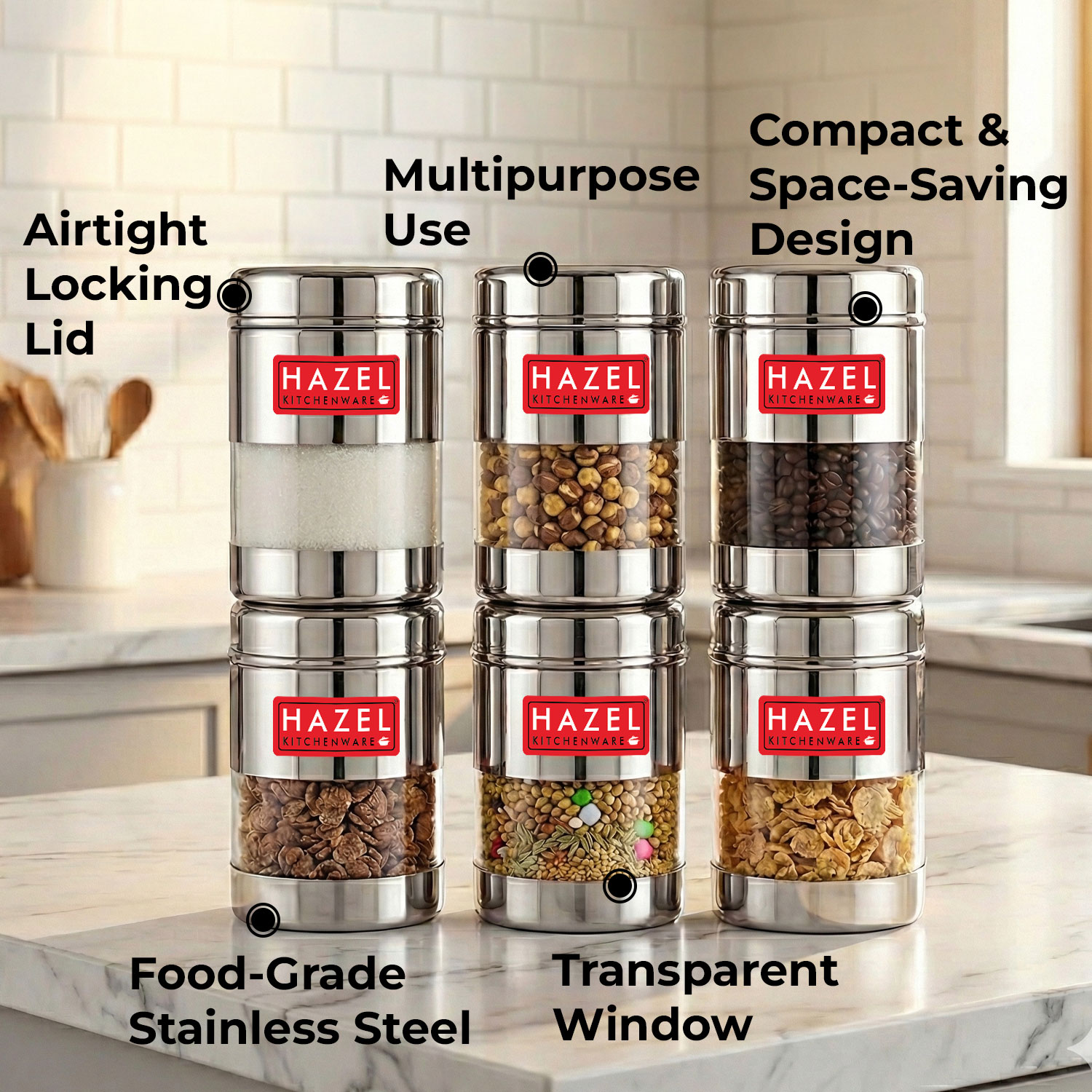 HAZEL Stainless Steel Mukhwas Container | See Through Small Containers for Kitchen Storage Set | Transparent Airtight Jars Set of 6 Pc, 170 ML
