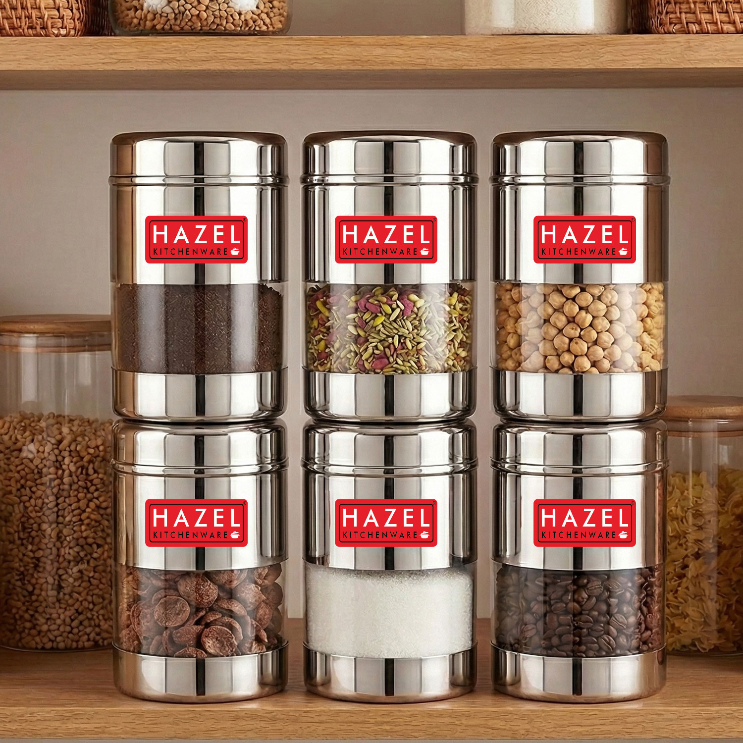 HAZEL Stainless Steel Mukhwas Container | See Through Small Containers for Kitchen Storage Set | Transparent Airtight Jars Set of 6 Pc, 170 ML