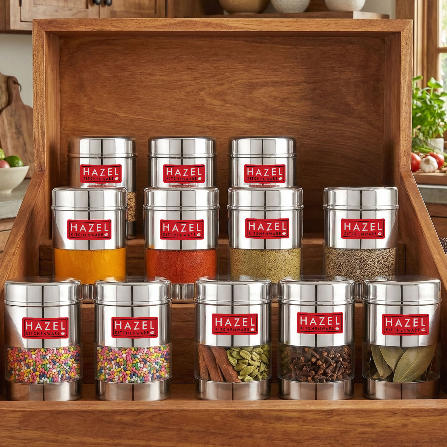 HAZEL Stainless Steel Mukhwas Container | See Through Small Containers for Kitchen Storage Set | Transparent Airtight Jars Set of 12 Pc, 170 ML
