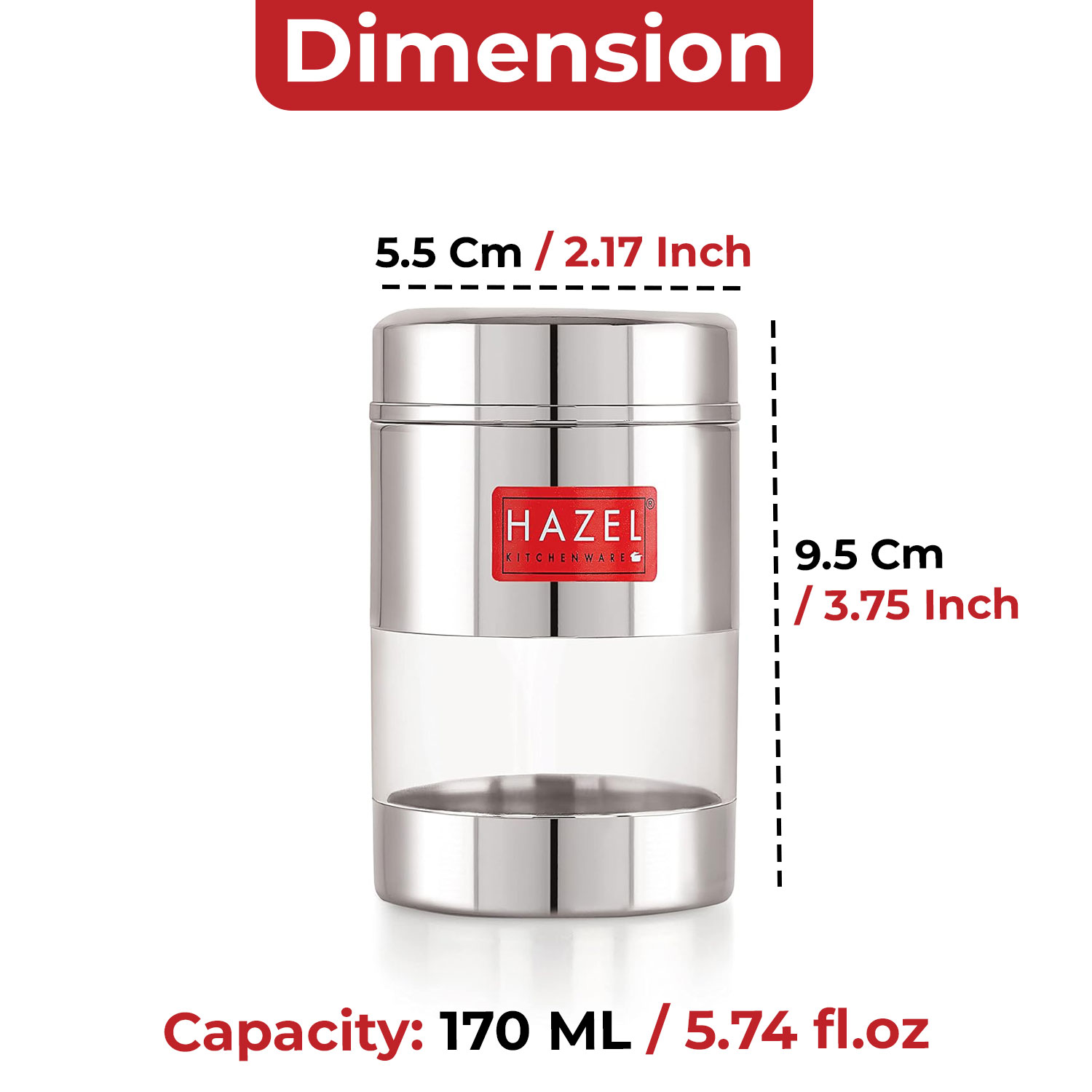 HAZEL Stainless Steel Mukhwas Container | See Through Small Containers for Kitchen Storage Set | Transparent Airtight Jars Set of 12 Pc, 170 ML