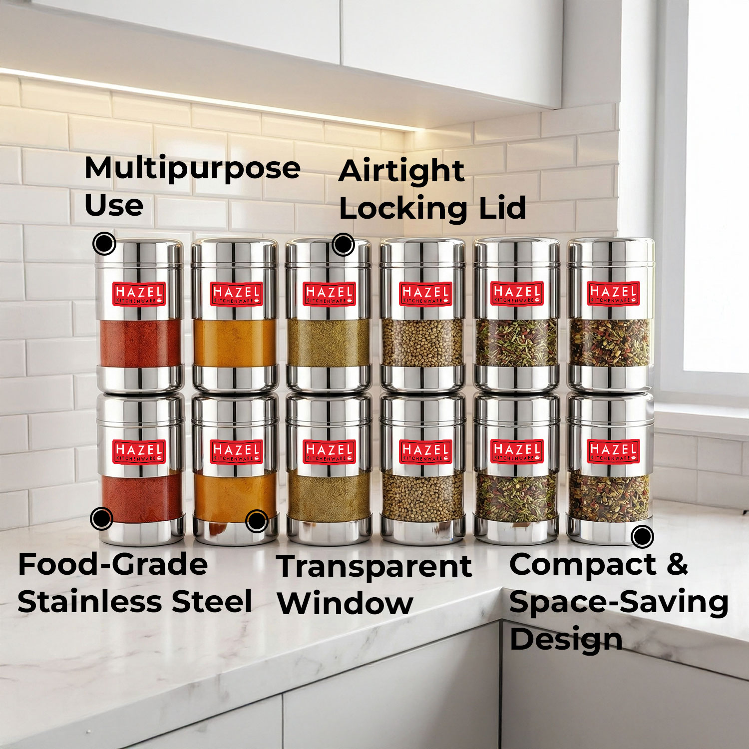 HAZEL Stainless Steel Mukhwas Container | See Through Small Containers for Kitchen Storage Set | Transparent Airtight Jars Set of 12 Pc, 170 ML