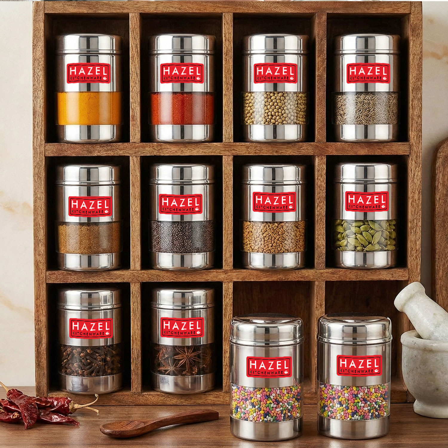 HAZEL Stainless Steel Mukhwas Container | See Through Small Containers for Kitchen Storage Set | Transparent Airtight Jars Set of 12 Pc, 170 ML