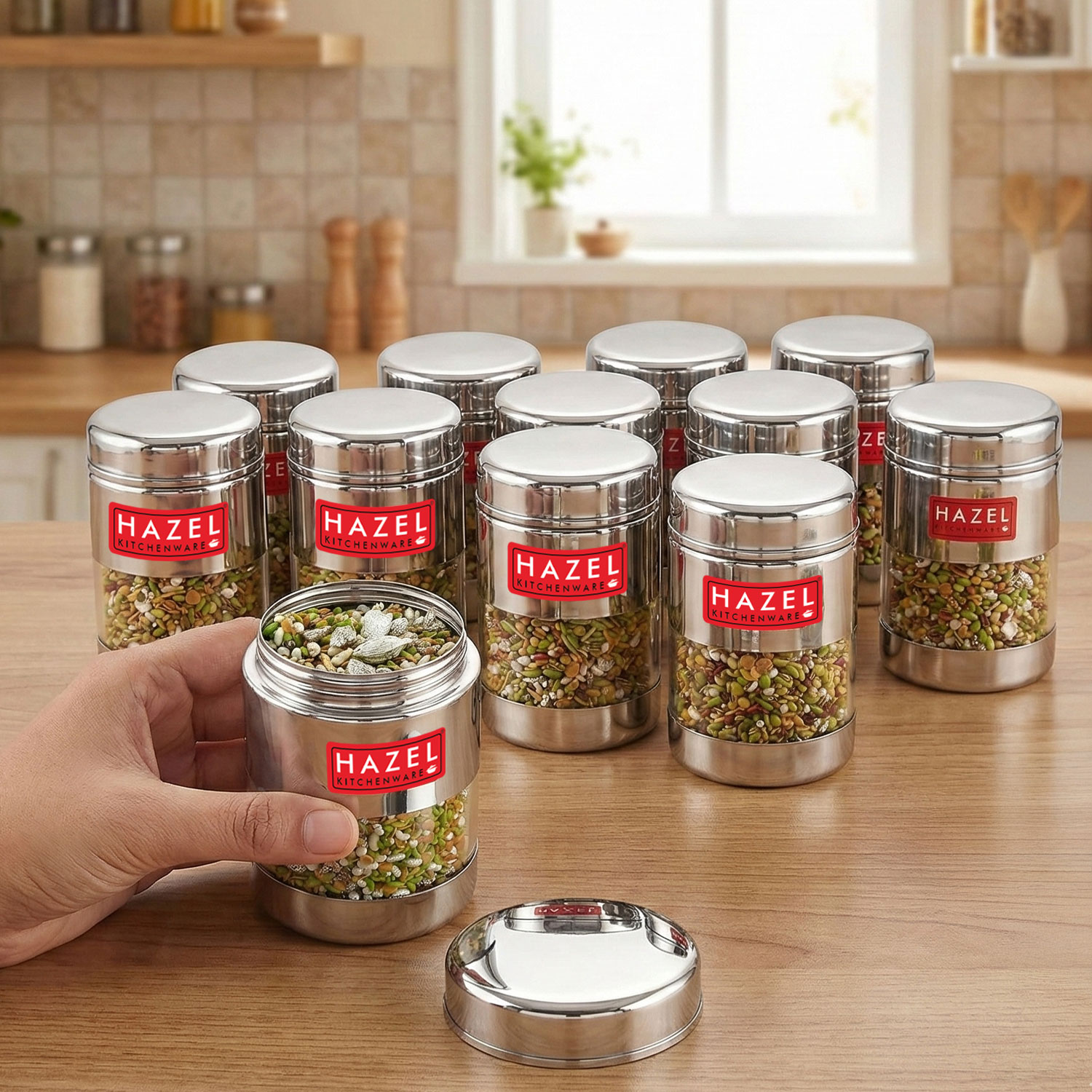 HAZEL Stainless Steel Mukhwas Container | See Through Small Containers for Kitchen Storage Set | Transparent Airtight Jars Set of 12 Pc, 170 ML