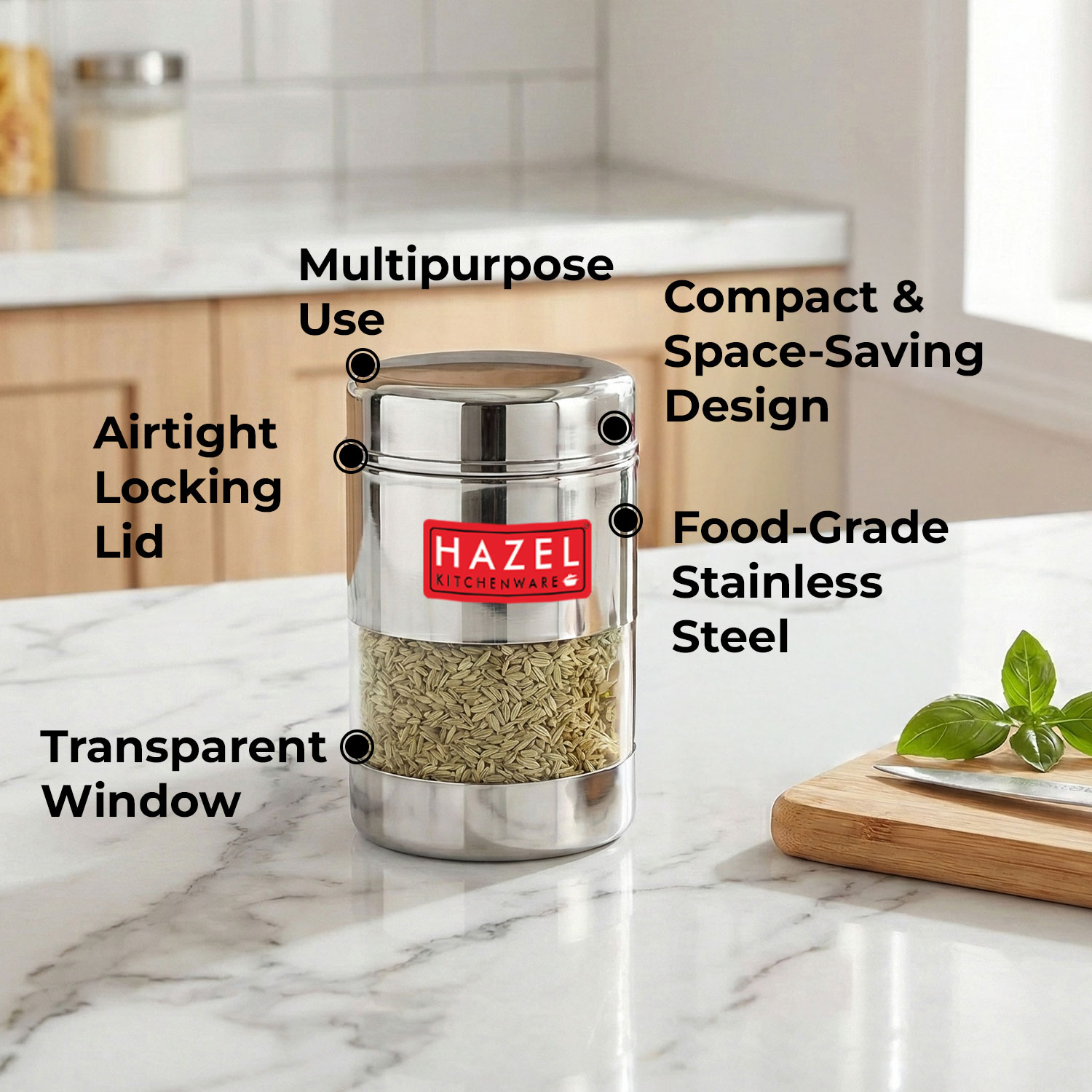 HAZEL Stainless Steel Mukhwas Container | See Through Small Container for Kitchen Storage Set | Transparent Airtight Jar For Modular Kitchen, 300 ML