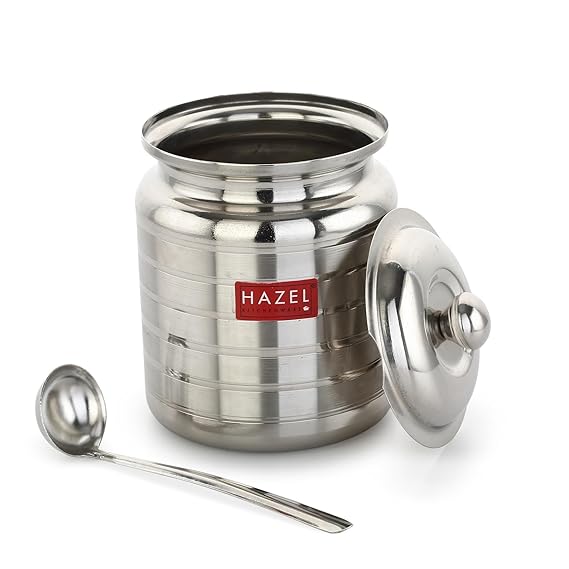 HAZEL Stainless Steel Hammered Oil & Ghee Container with Lid | Ghee Dispenser with Spoon