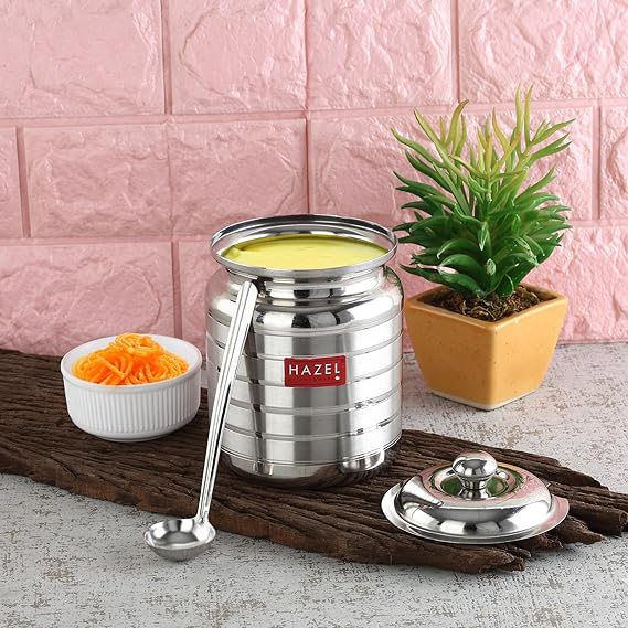 HAZEL Stainless Steel Hammered Oil & Ghee Container with Lid | Ghee Dispenser with Spoon