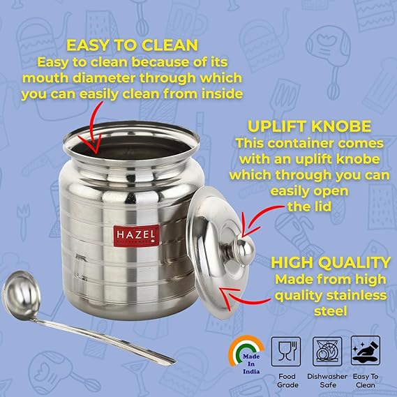HAZEL Stainless Steel Hammered Oil & Ghee Container with Lid | Ghee Dispenser with Spoon