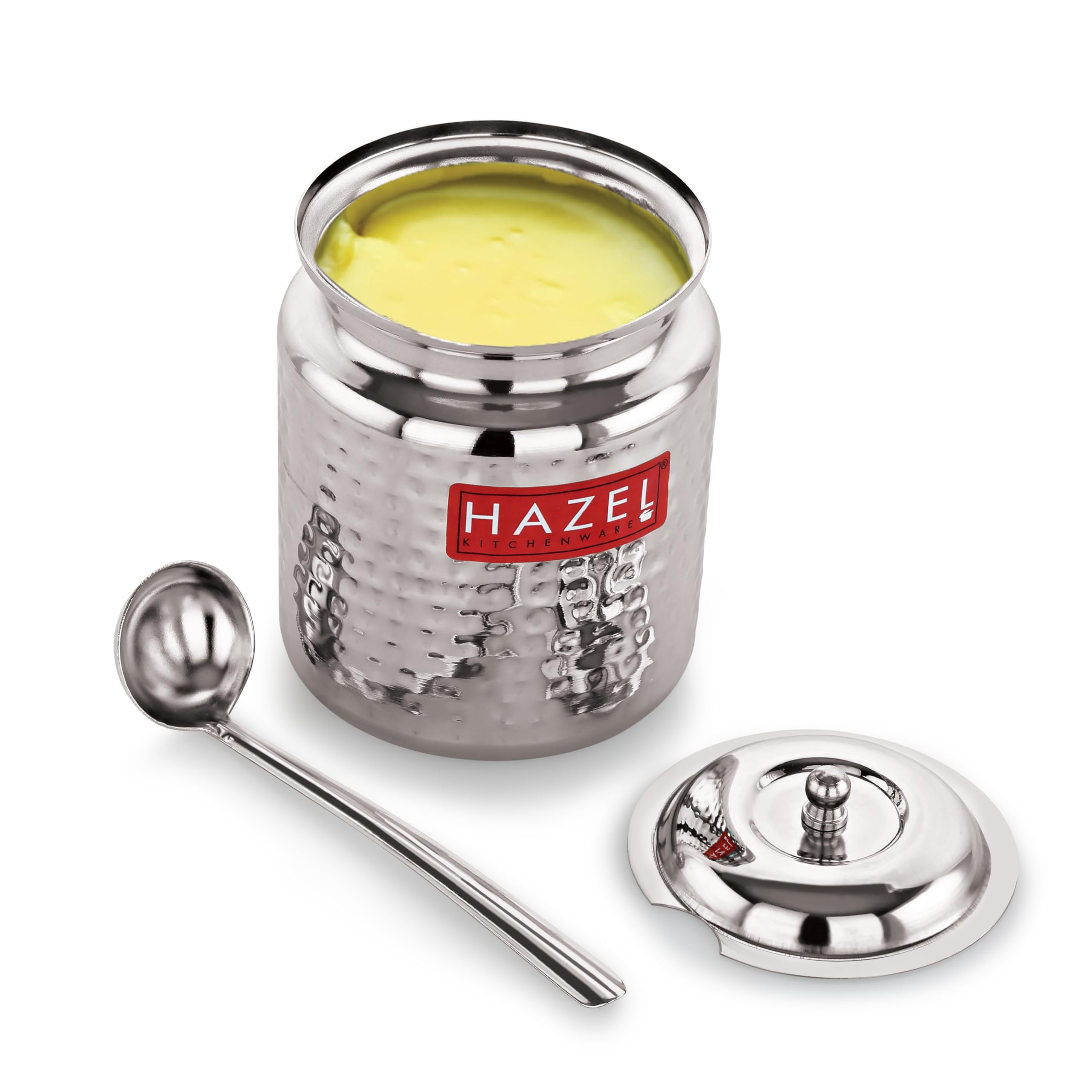 HAZEL Stainless Steel Hammered Tone Oil & Ghee Pot Container, 400ml, Silver