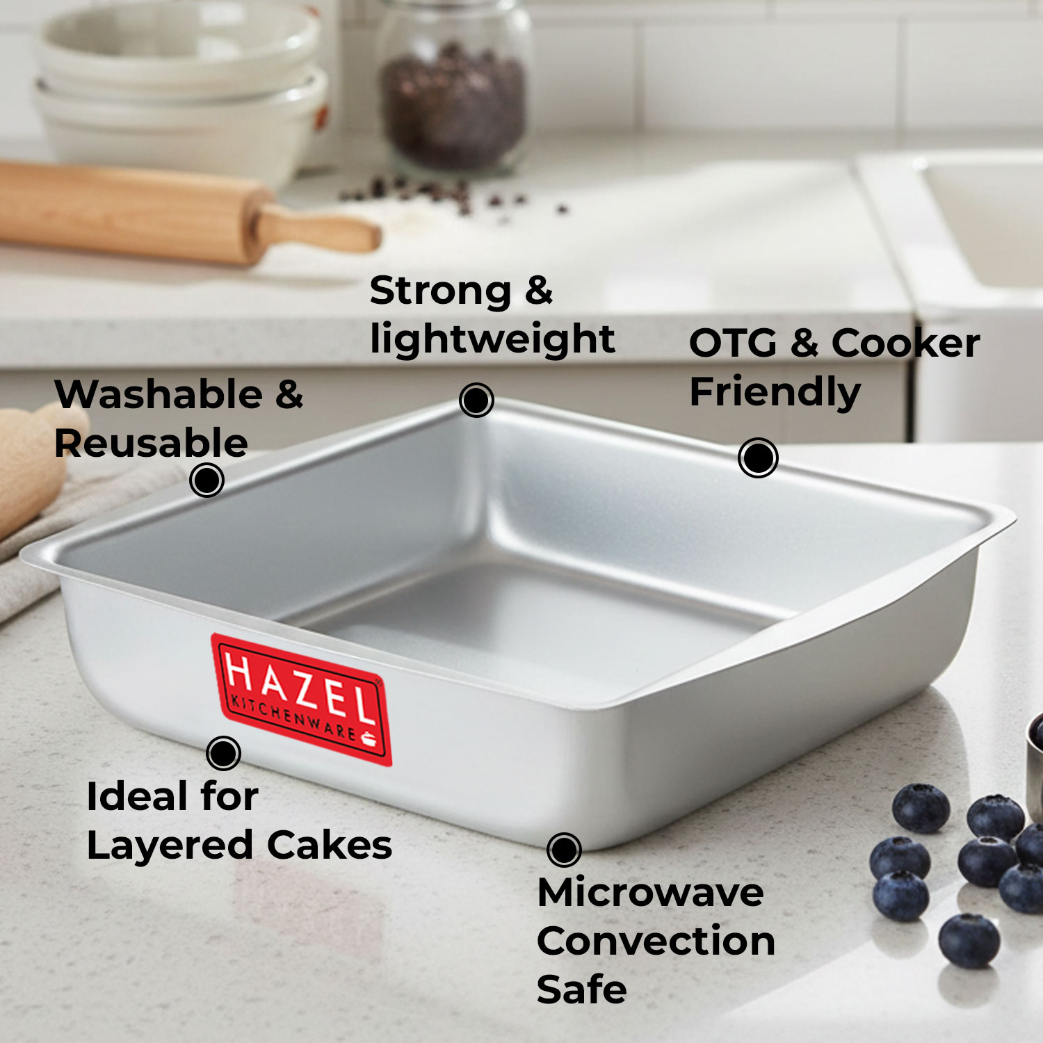 HAZEL Aluminium Square Shape Cake Mould, Silver, Small