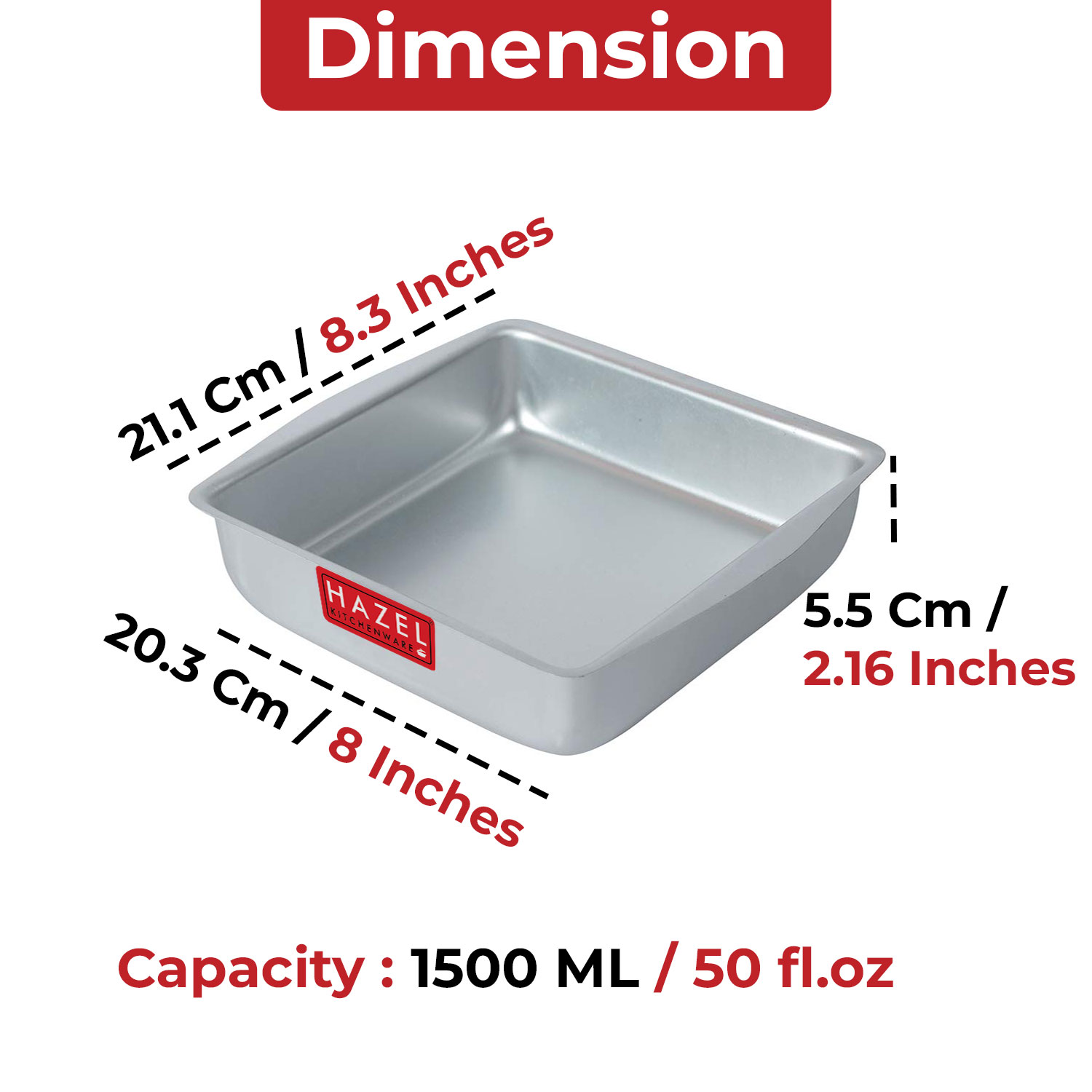 HAZEL Aluminium Square Shape Cake Mould, Silver, Large