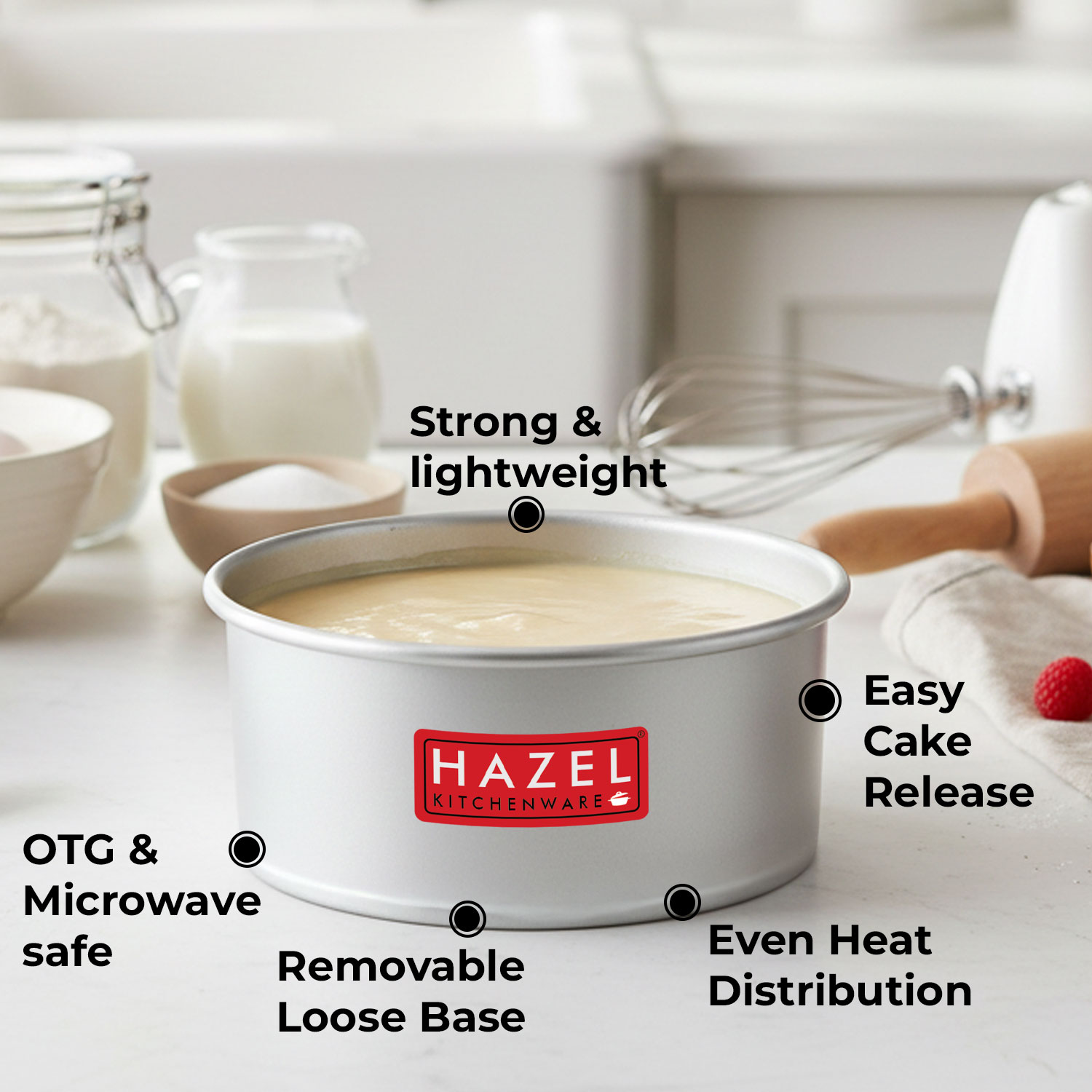 HAZEL Aluminium Detachable Cake Moulds | Removable Bottom Cake Tin | Round Cake Mould Removable Base | Baking Essentials Tools For OTG Microwave, Medium