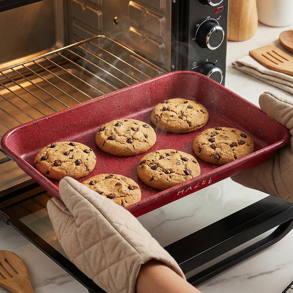 HAZEL Non Stick Cake Pan Baking Tray | Granite Finish Cookie Tray for Oven Baking | Aluminized Steel (Red)