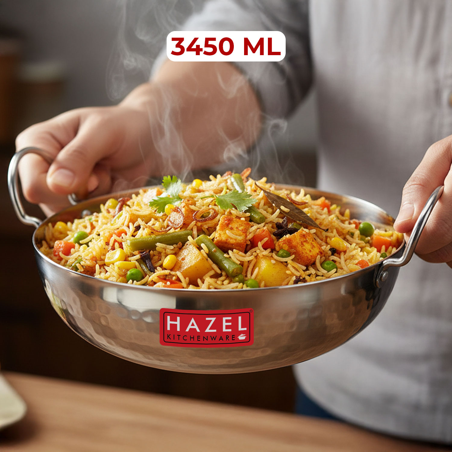 HAZEL Hammered Tone Stainless Steel Deep Kadhai, Diameter 27 cm, Silver