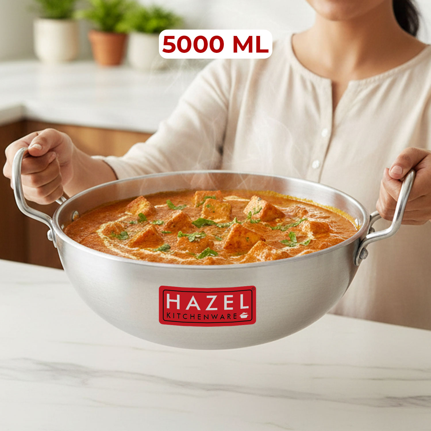 HAZEL Aluminium Cookware with Handle | Cooking Utensil, 5000 ml with 4 mm Thickness, Multipurpose Kadai for Deep Frying and Cooking, Silver