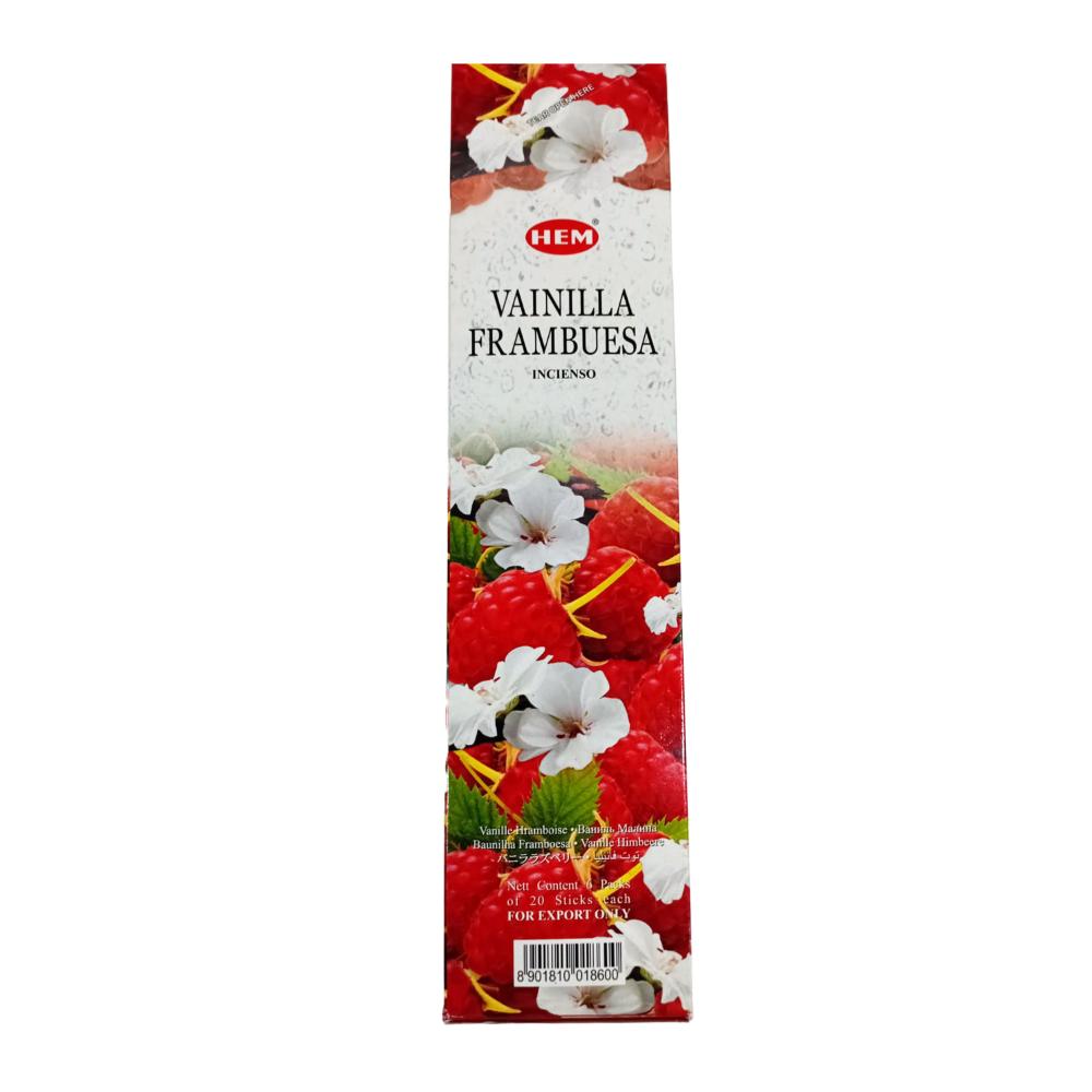 HEM Vanilla Raspberry Incense Sticks | Sweet Fruity Fragrance Agarbatti | Box of 6 (20g Each)